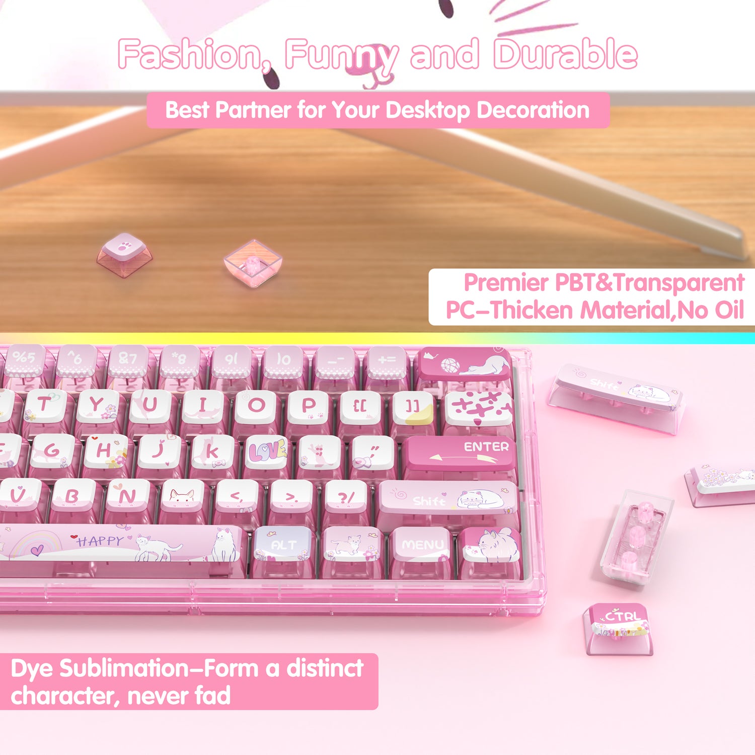 Pink kawaii mechanical keyboard with cute cat keycaps, durable and stylish design.