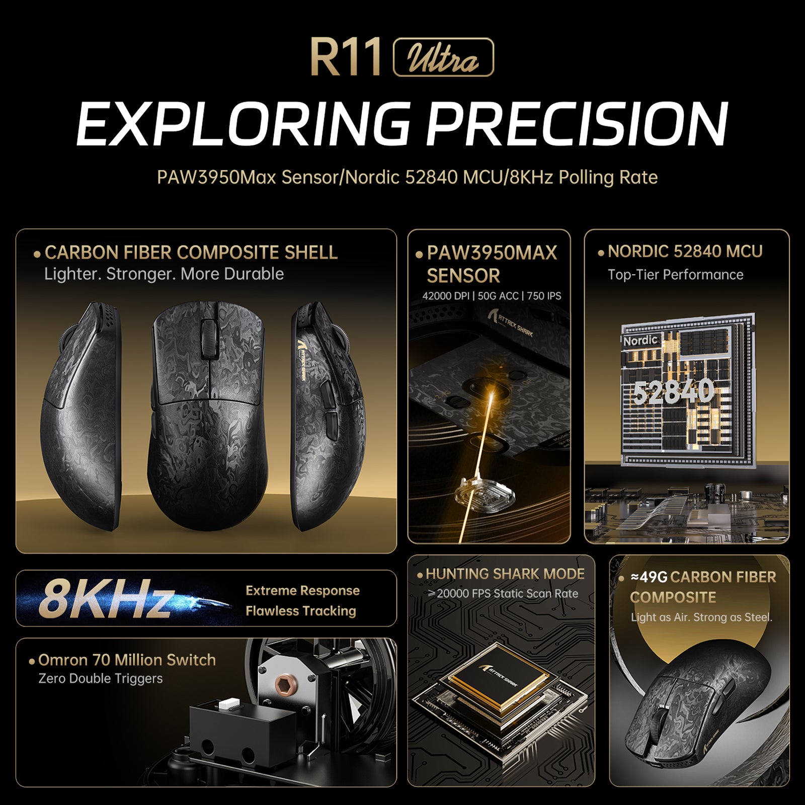 ATTACK SHARK R11 ULTRA Carbon Fiber Wireless 8K PAW3950MAX Gaming-Maus mit C06 Ultra LED-Kabel