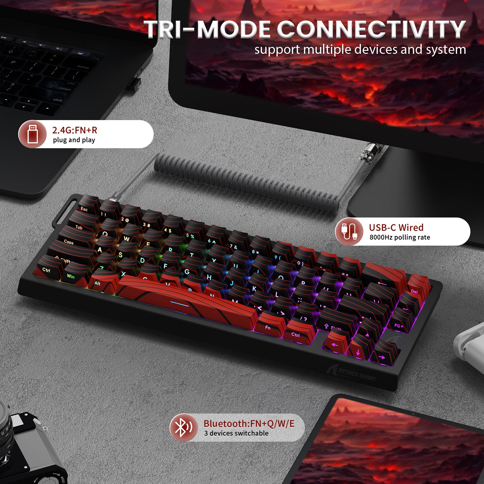 ATTACK SHARK X68PRO HE Wireless Keyboard showing tri-mode connectivity, 2.4G, Bluetooth and USB-C, 8000Hz polling rate