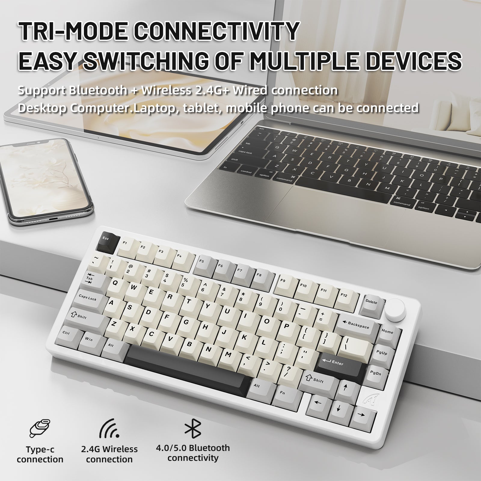 ATTACK SHARK X86 mechanical keyboard with tri-mode connectivity, supporting Bluetooth, 2.4G wireless, and USB-C connections
