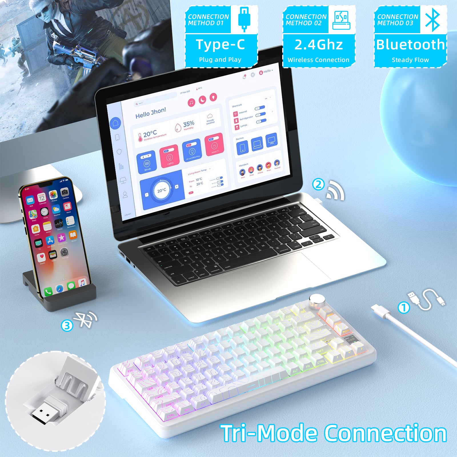 ATTACK SHARK X85PRO Tri-mode mechanical keyboard with Type-C, 2.4GHz, and Bluetooth connectivity, white keyboard with RGB