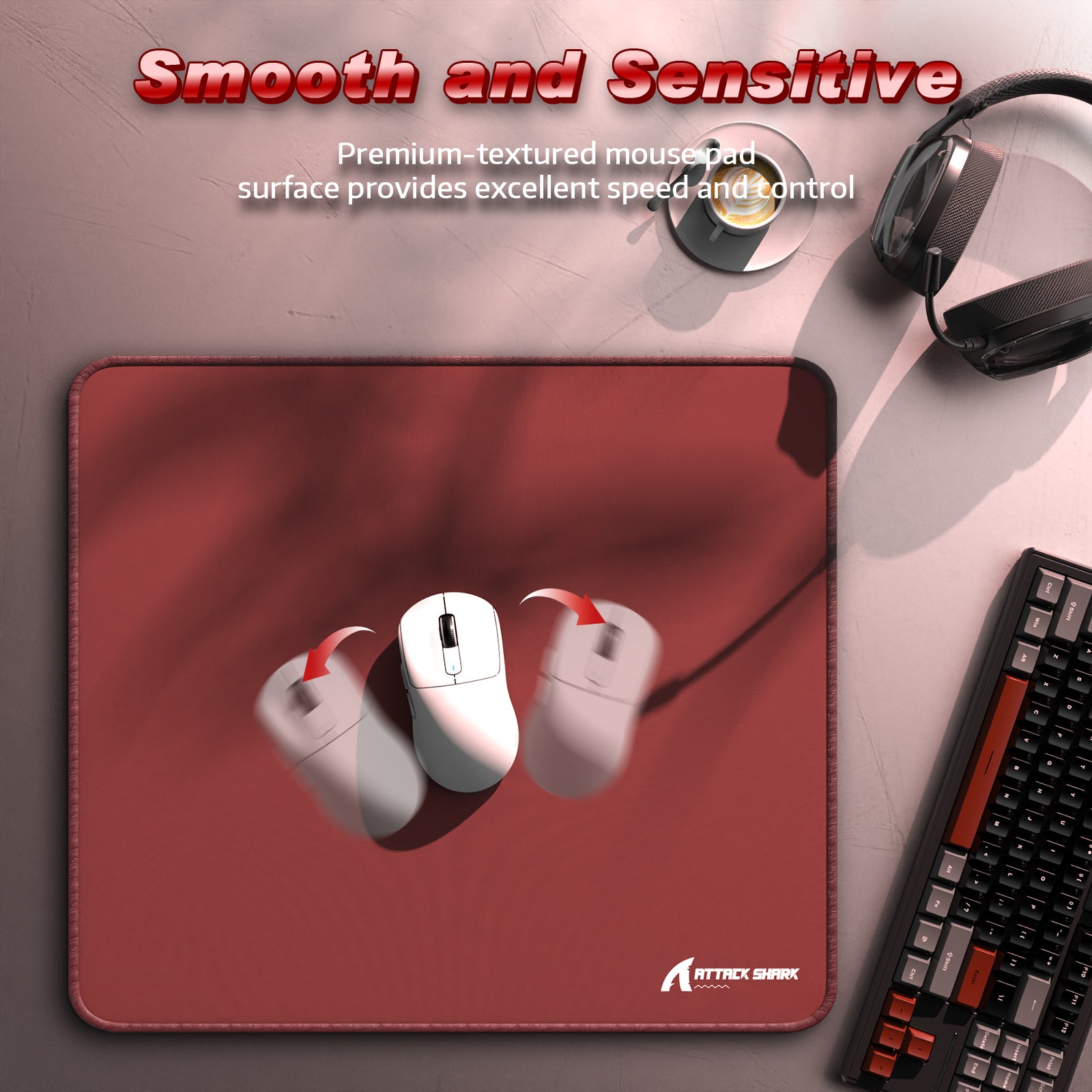 Attack Shark CM02 gaming mousepad with white mouse and keyboard, smooth and sensitive for gaming.
