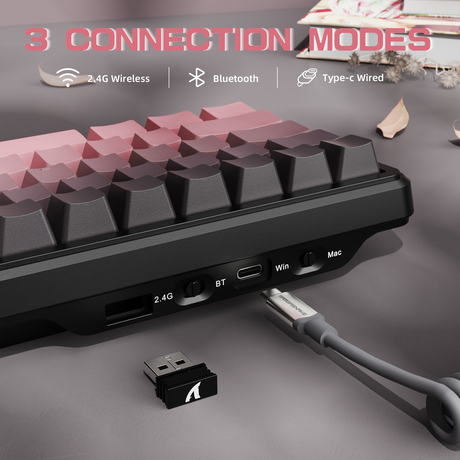 ATTACK SHARK X66 mechanical keyboard with 3 connection modes: 2.4G, Bluetooth, and Type-C, with coiled cable.