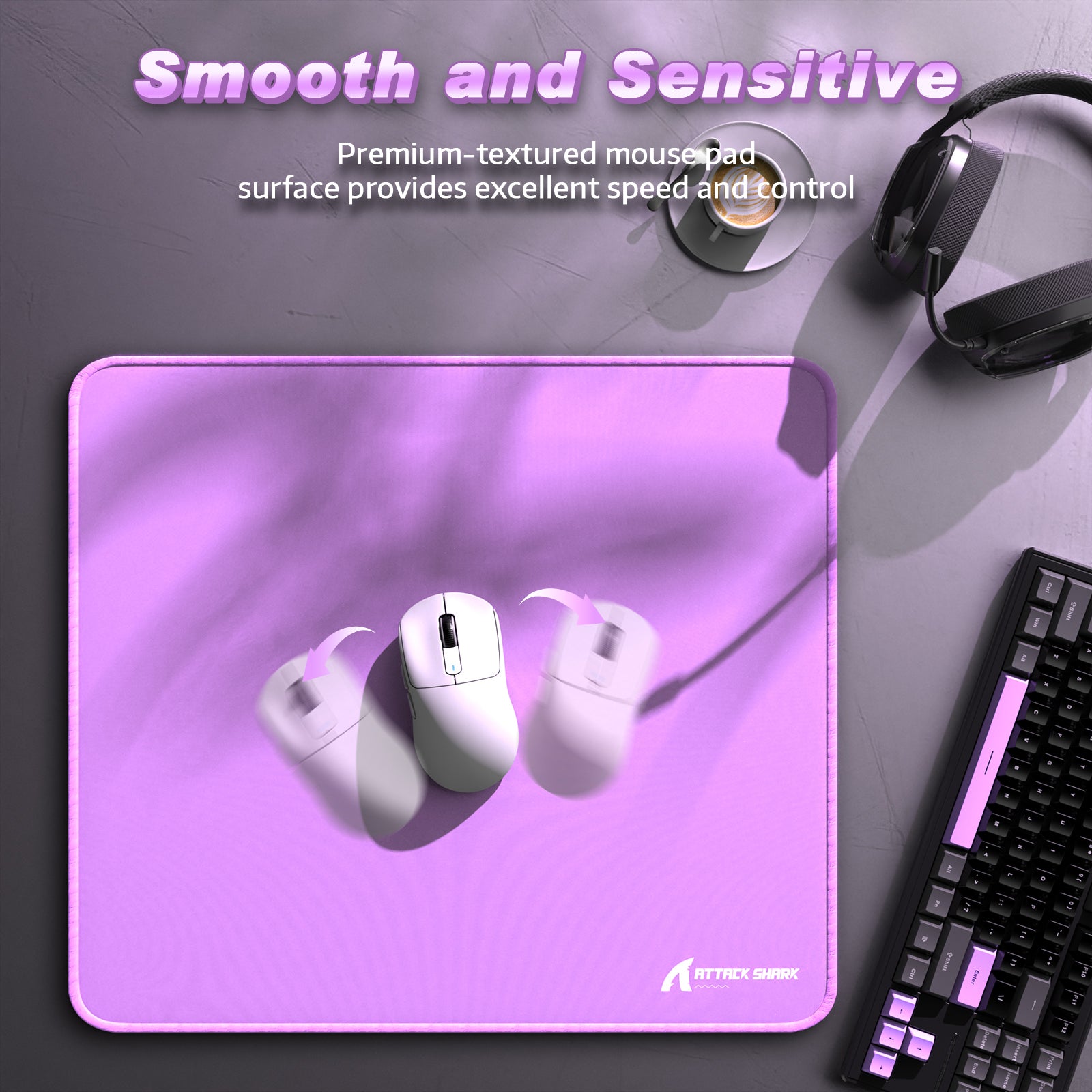 ATTACK SHARK CM02 mousepad, lavender surface with white gaming mouse and keyboard, esports setup