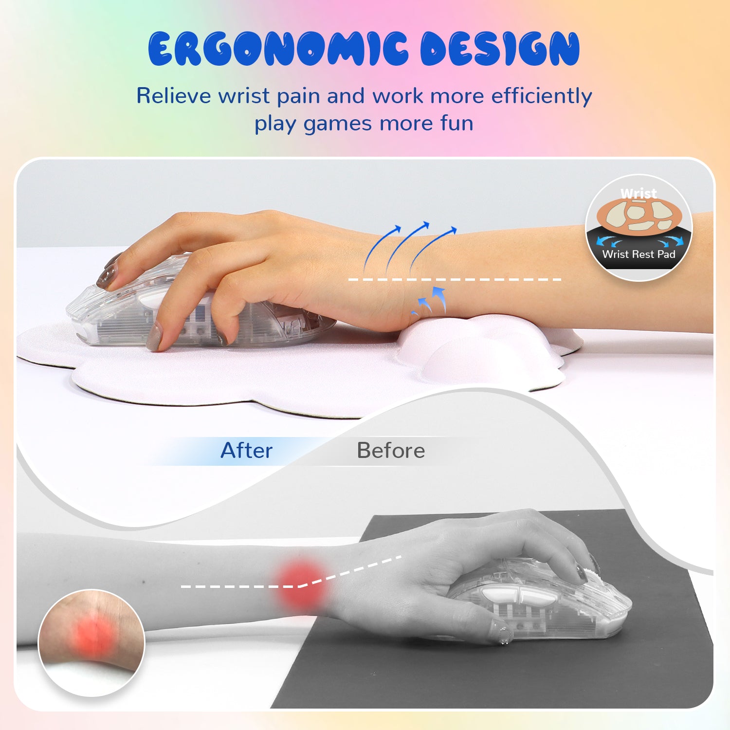 Comparison of wrist support: cloud mouse pad reduces pain for better gaming efficiency.