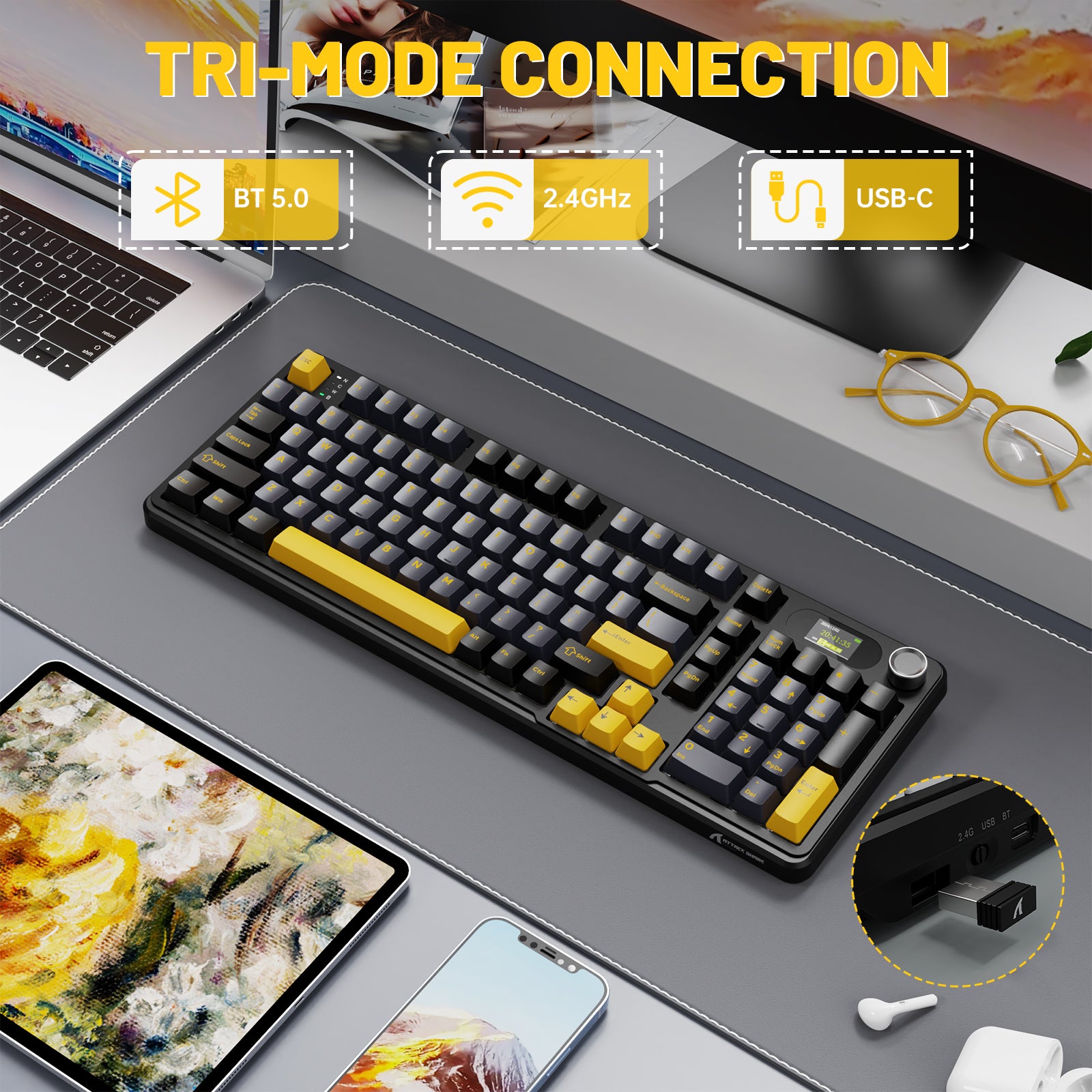 ATTACK SHARK X98PRO wireless gaming keyboard with tri-mode connection (BT 5.0, 2.4GHz, USB-C).