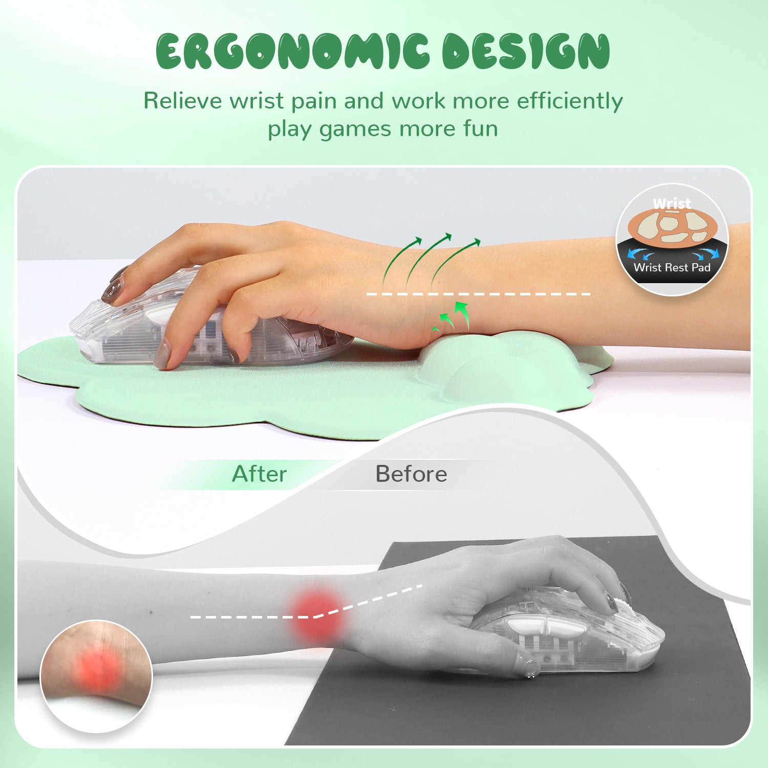 Comparison of wrist support before and after using mint green cloud mouse pad for pain relief.