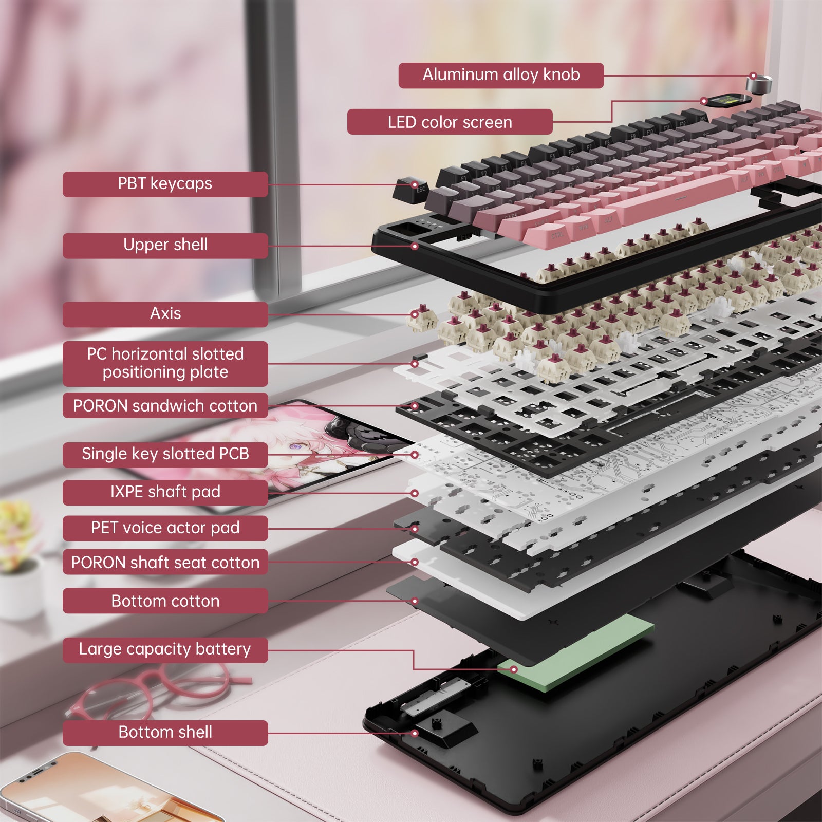 Attack Shark X98PRO gaming keyboard exploded view showing components: PBT keycaps, LED screen, and internal structure.