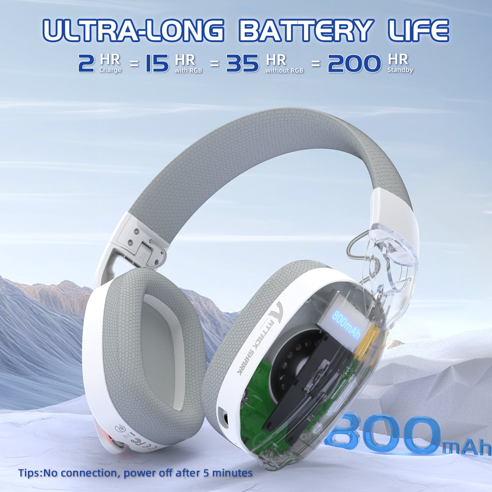 ATTACK SHARK L90 headset: 15hr RGB, 35hr no RGB, 200hr standby. Gray/white design, 800mAh battery. Ultra-long battery life.