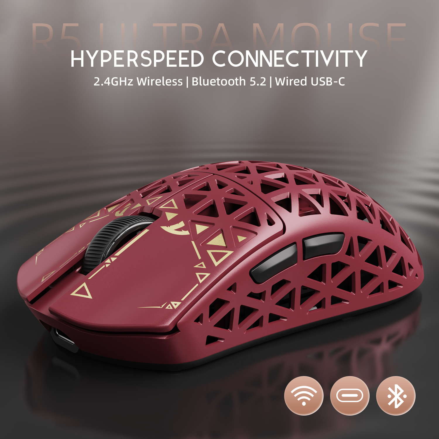 ATTACK SHARK R5 Ultra gaming mouse, red carbon fiber, wireless connectivity, and HYPERSPEED CONNECTIVITY.