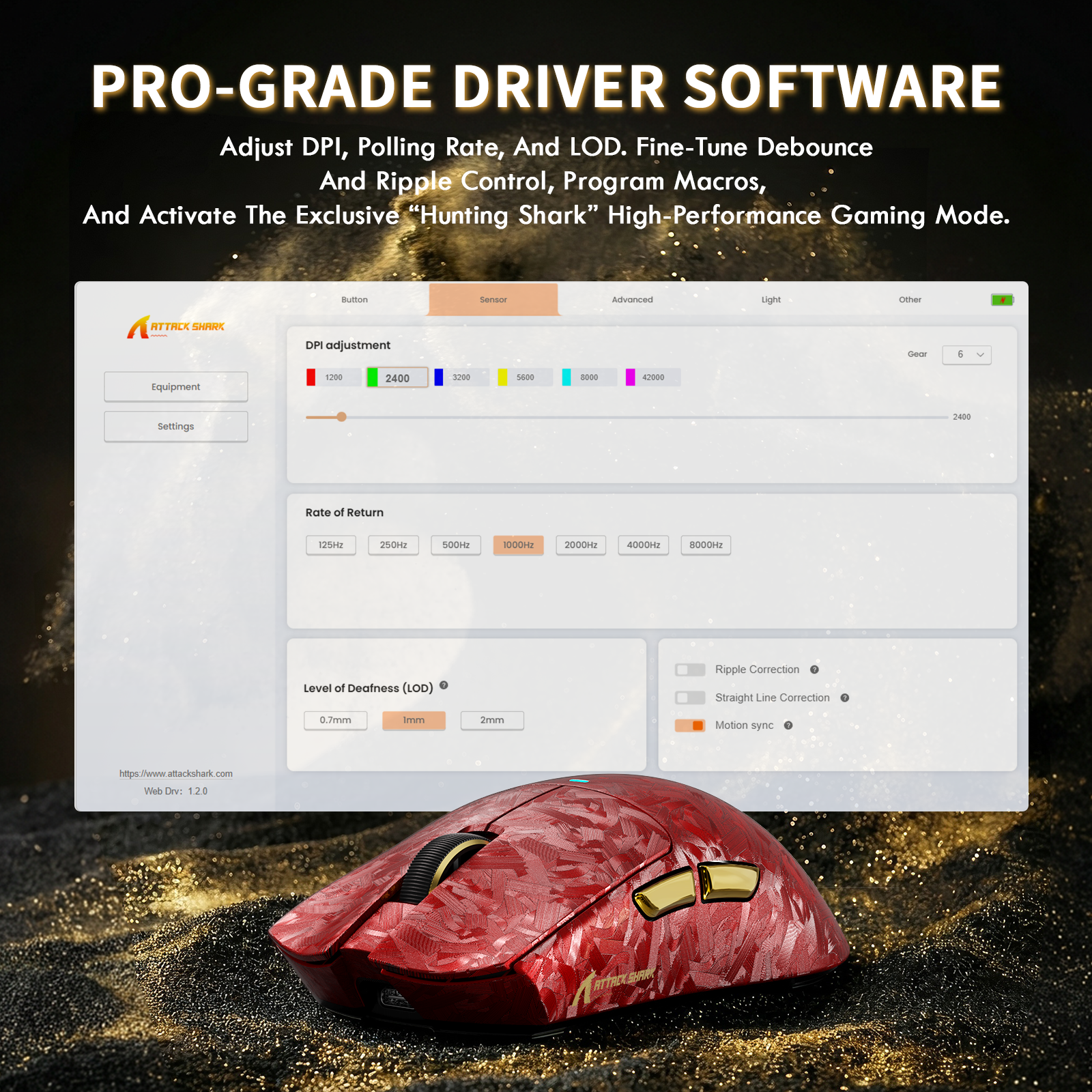 ATTACK SHARK mouse driver software screen with DPI, polling rate, LOD and macro settings