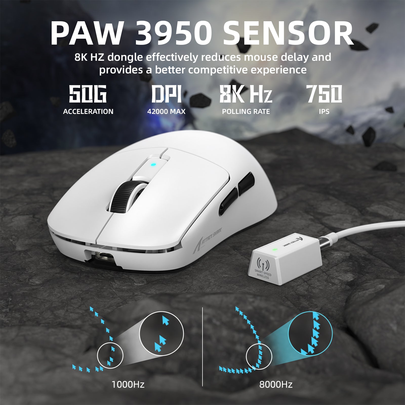 ATTACK SHARK R6PRO Wireless Gaming Mouse with PAW 3950 sensor, 8K polling rate, and high DPI for gaming.