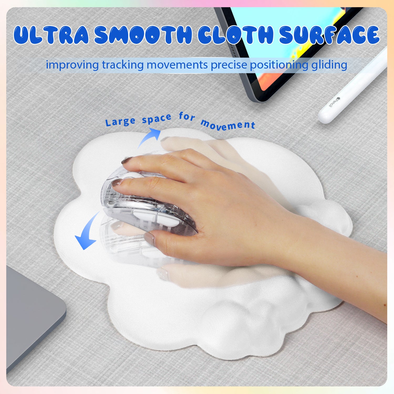 Hand using a clear gaming mouse on cloud-shaped mouse pad for precise movement tracking.