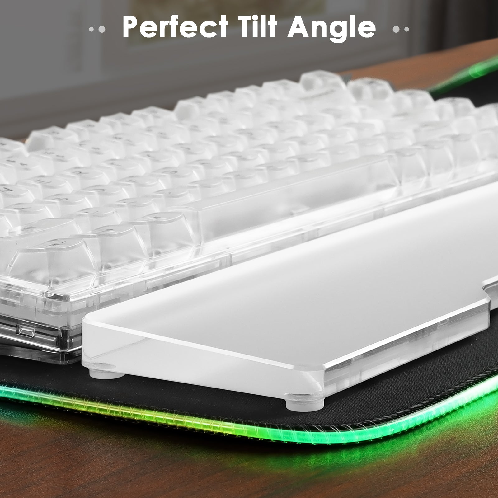 Acrylic wrist rest displaying perfect tilt angle with mechanical keyboard