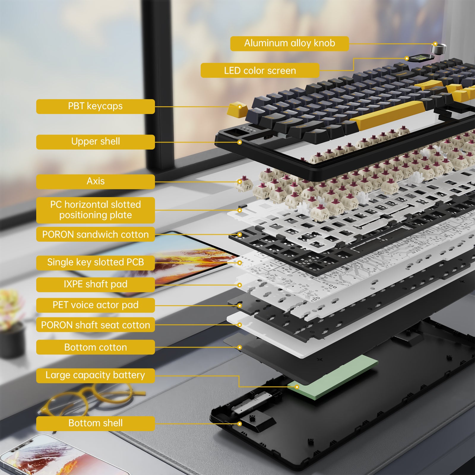 ATTACK SHARK X98PRO exploded view with PBT keycaps, LED screen, and internal components.