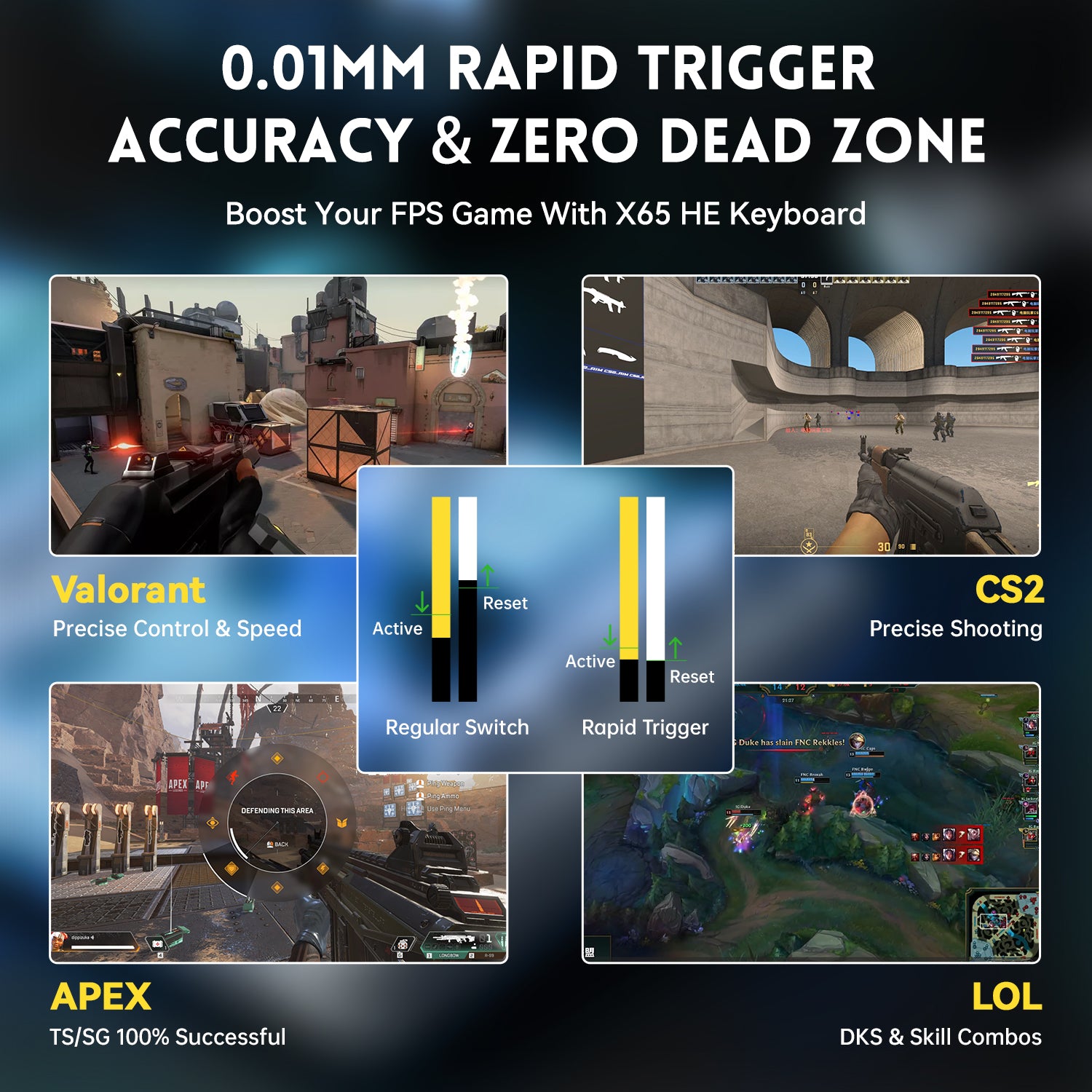 X65 HE keyboard with Rapid Trigger for FPS. Valorant, CS2, Apex, LOL gameplay. 0.01mm accuracy & zero dead zone.