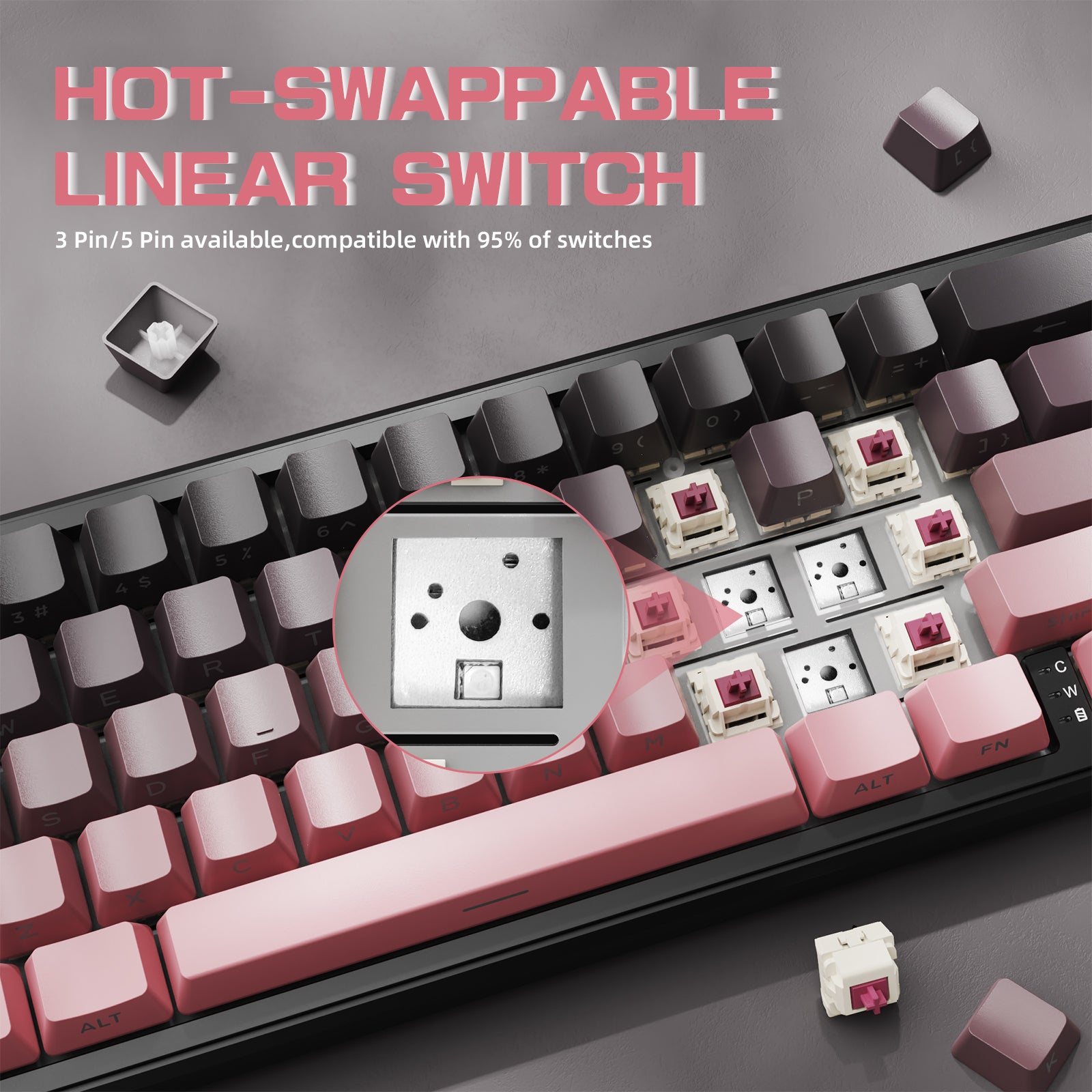 ATTACK SHARK X66 keyboard showcasing hot-swappable linear switches, 3-pin/5-pin compatible, pink and gray keycaps.