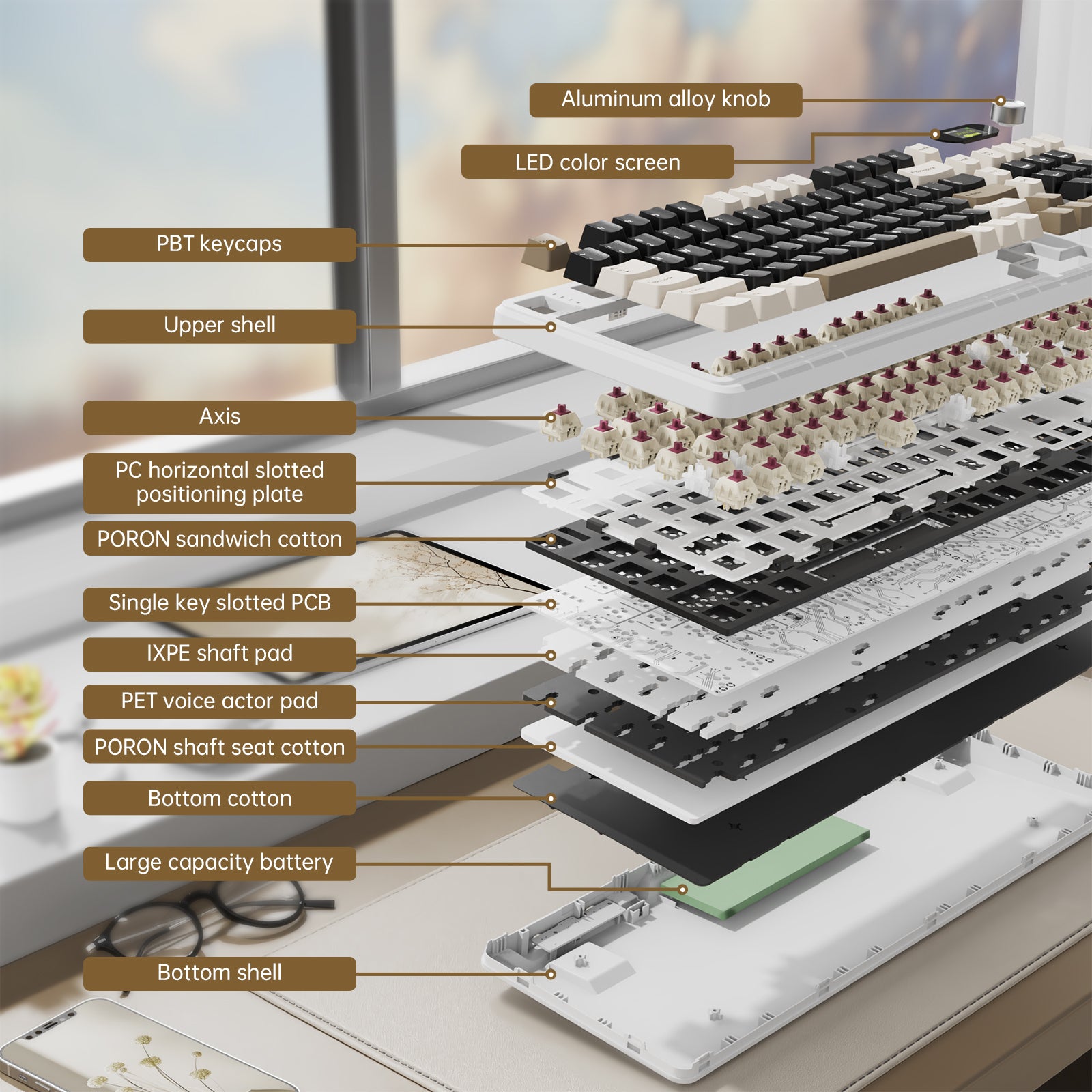 ATTACK SHARK X98PRO exploded view, highlighting mechanical keyboard components and structure.