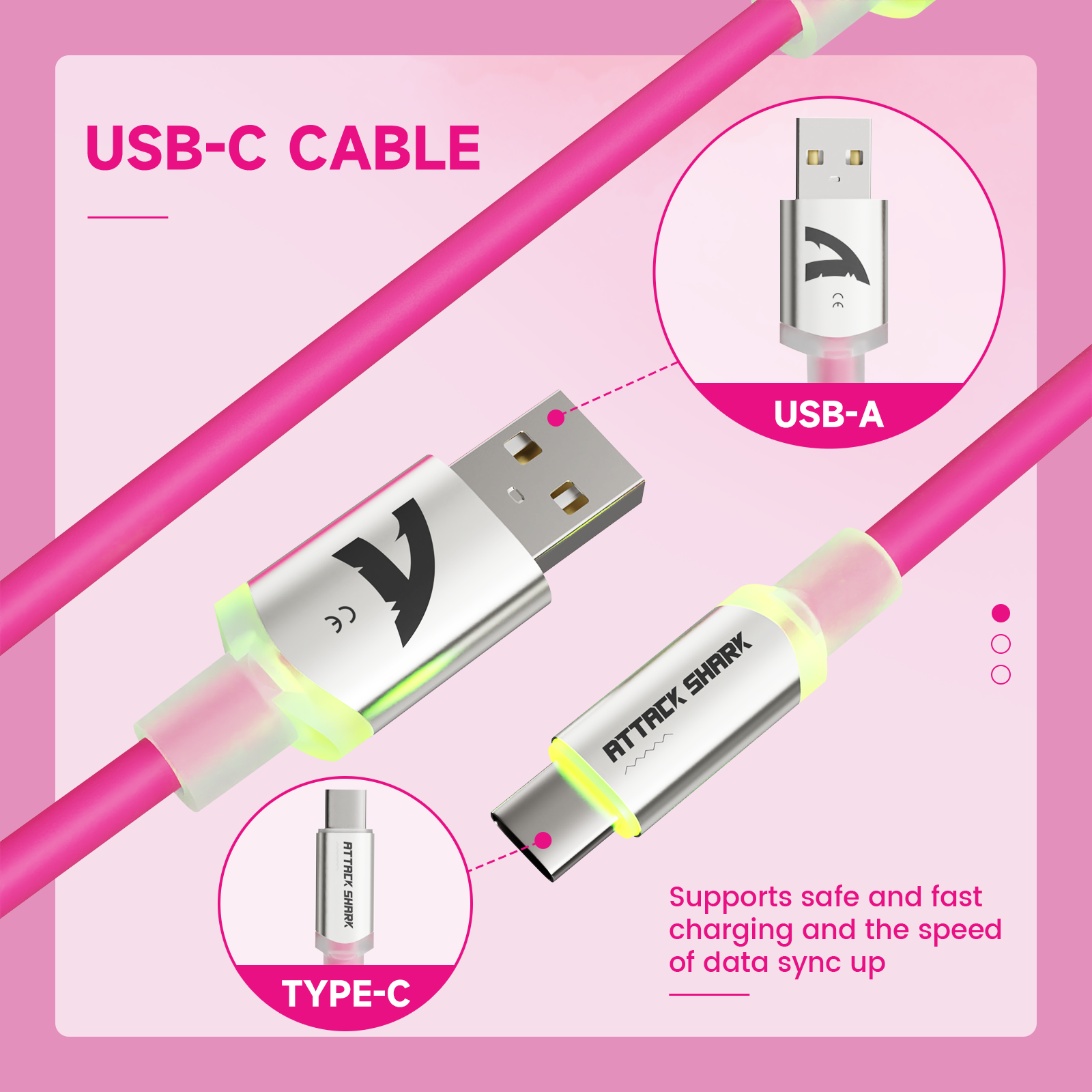 ATTACK SHARK pink USB-C cable with USB-A and Type-C connectors, fast charging and data sync.