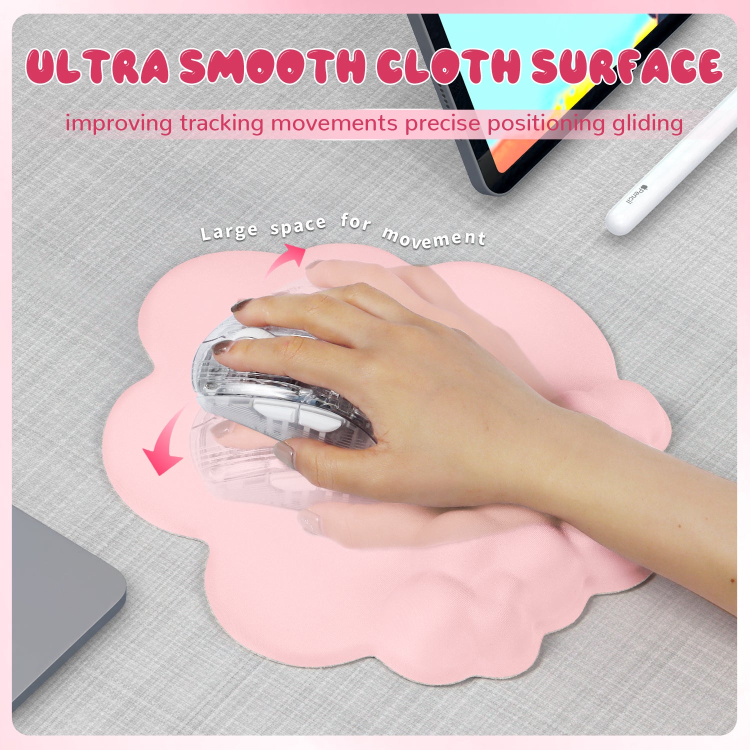 Hand using clear gaming mouse on pink cloud mouse pad for smooth tracking.