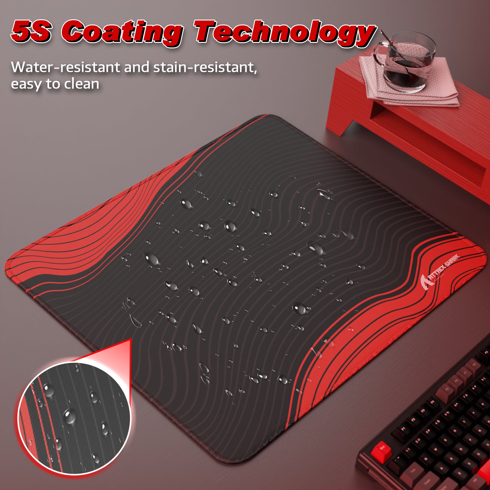 ATTACK SHARK CM02 mousepad with 5S coating, water-resistant and stain-resistant, easy to clean, black and red design
