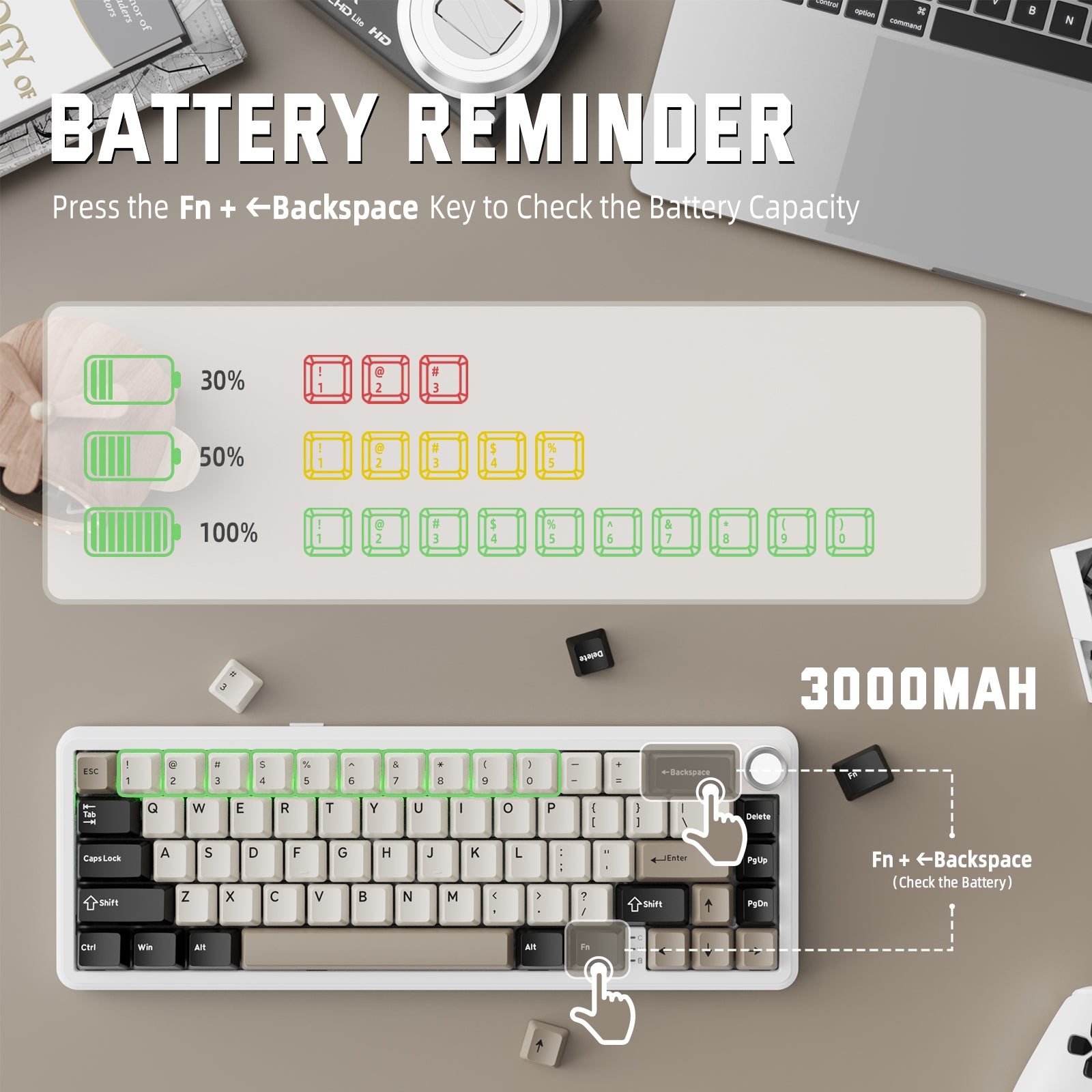 ATTACK SHARK X66 keyboard battery indicator, Fn + Backspace key, 3000mAh battery, compact design