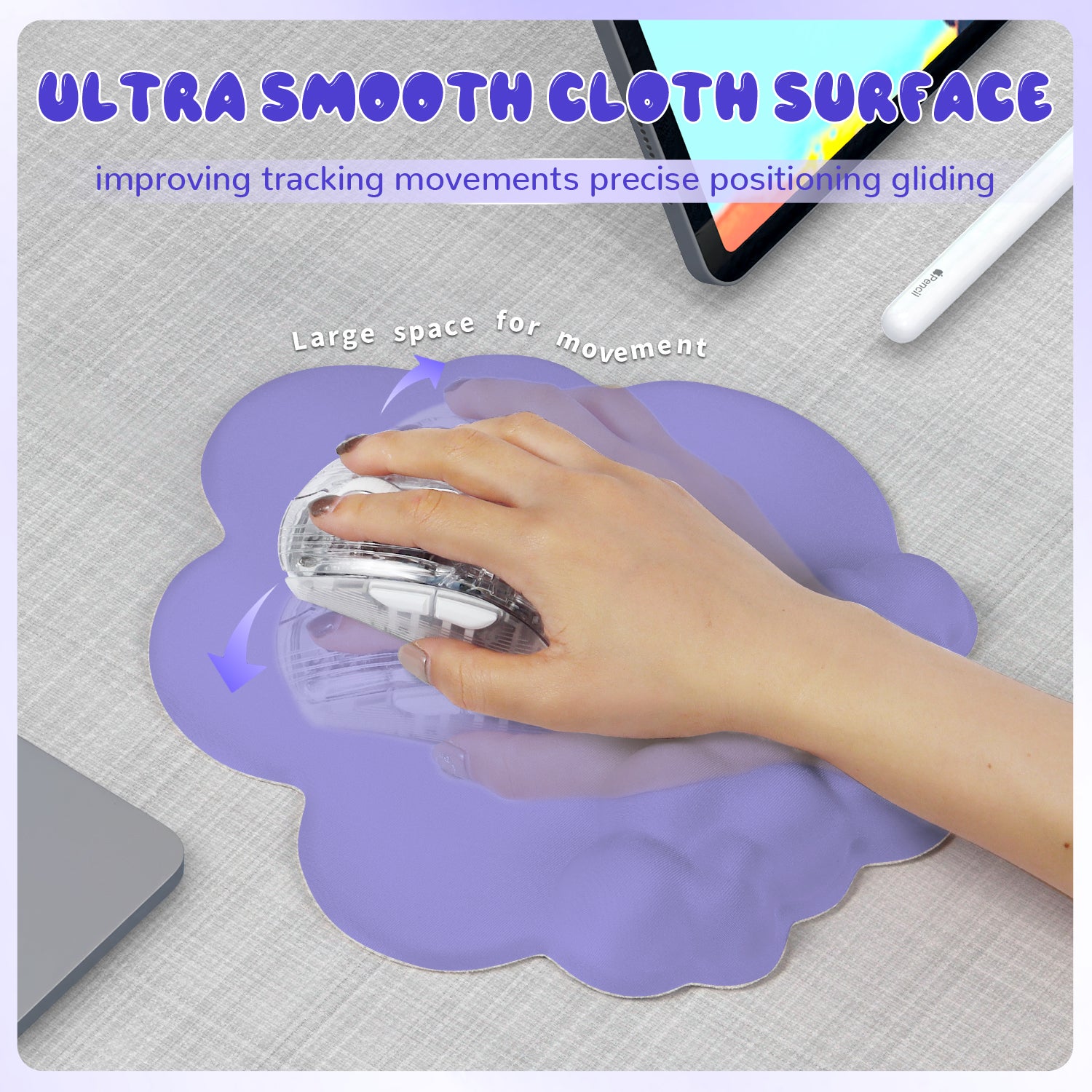 Purple cloud mouse pad with hand using a gaming mouse for precise tracking.
