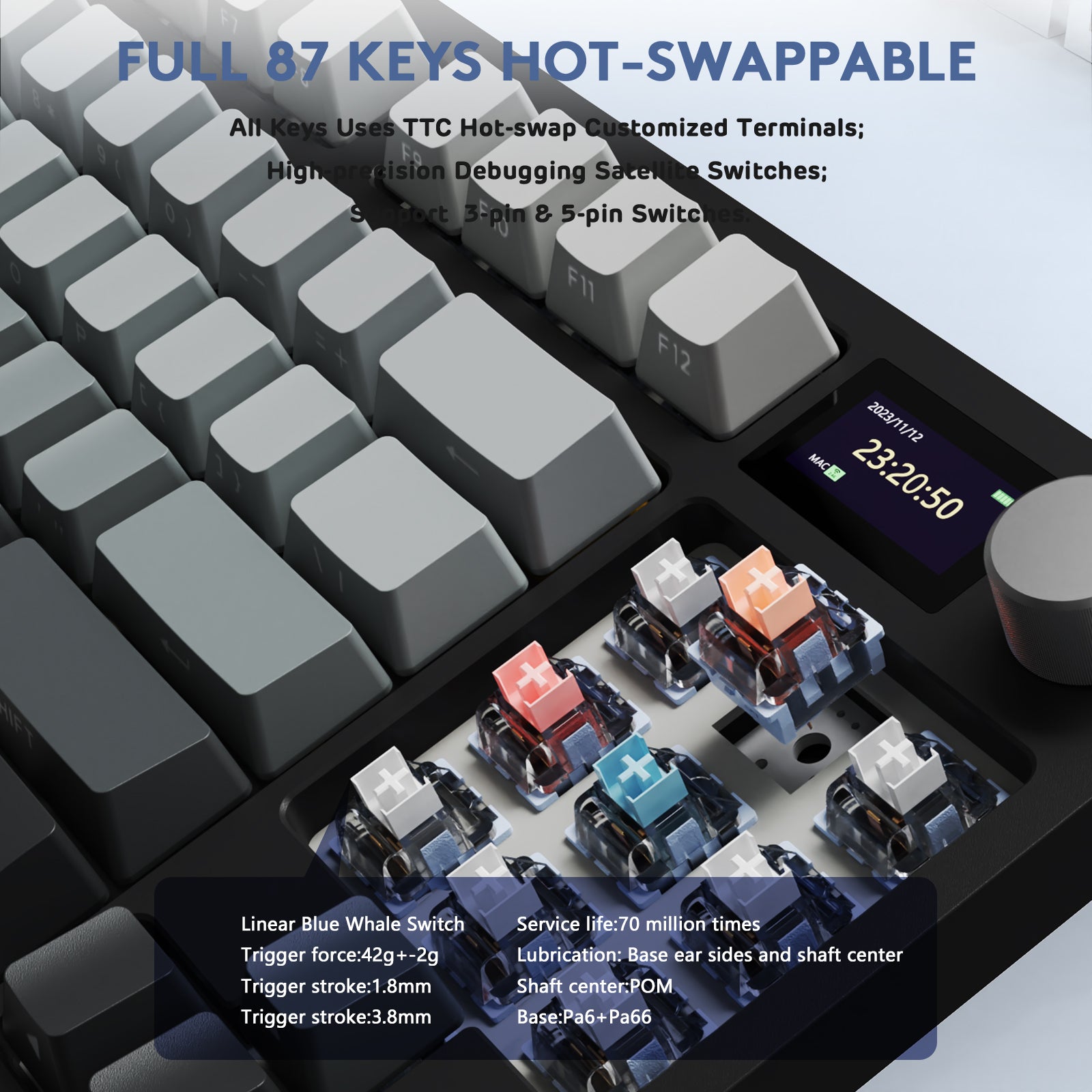 ATTACK SHARK K86 Pro mechanical keyboard, hot-swappable switches, TFT display, and gray keycaps.