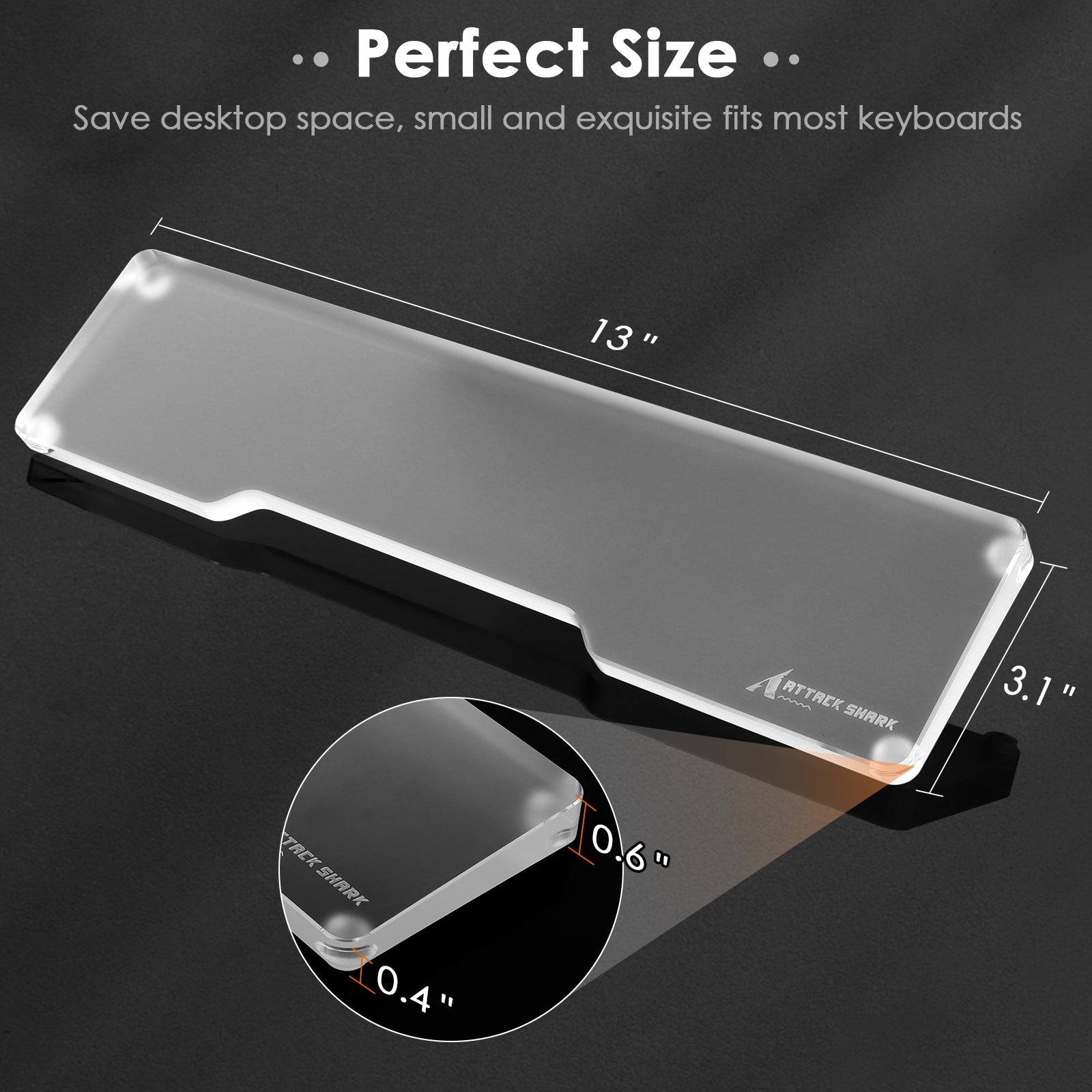 Clear acrylic wrist rest dimensions and 'Perfect Size' text for keyboard compatibility