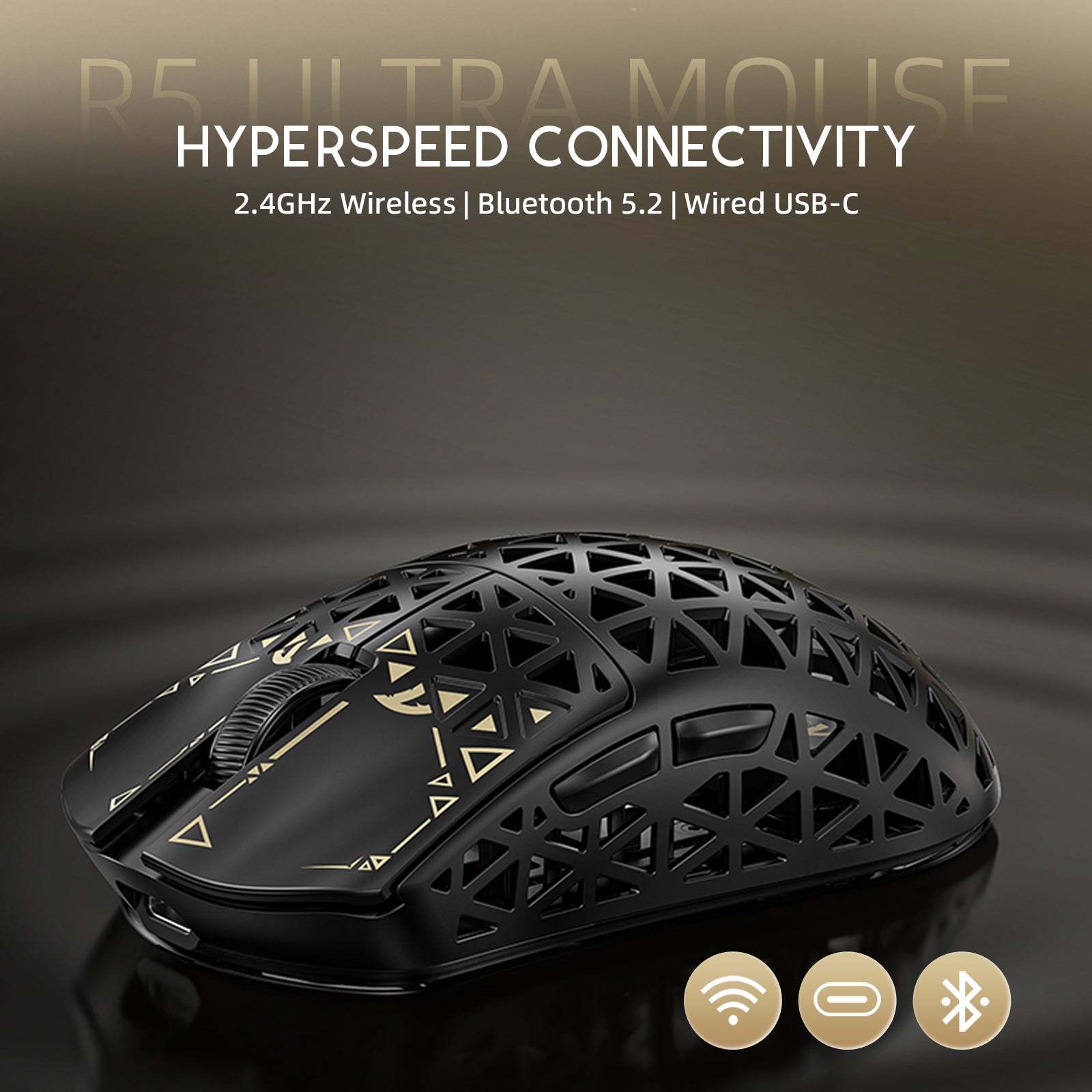 ATTACK SHARK R5 Ultra gaming mouse connectivity, 2.4Ghz Wireless, Bluetooth 5.2, and Wired USB-C