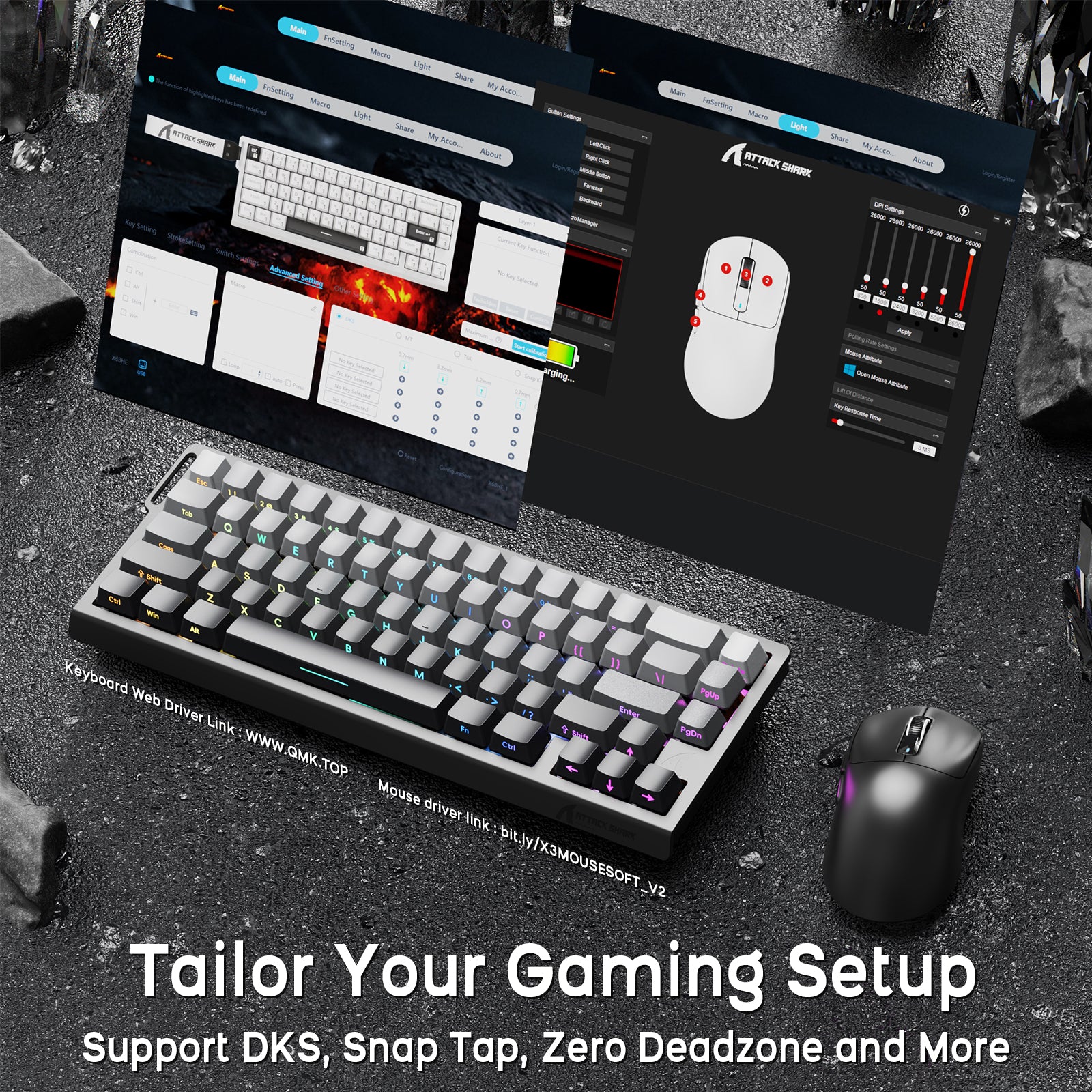 ATTACK SHARK X68HE keyboard and X3 mouse gaming set, customizable RGB, and software features for gaming setup
