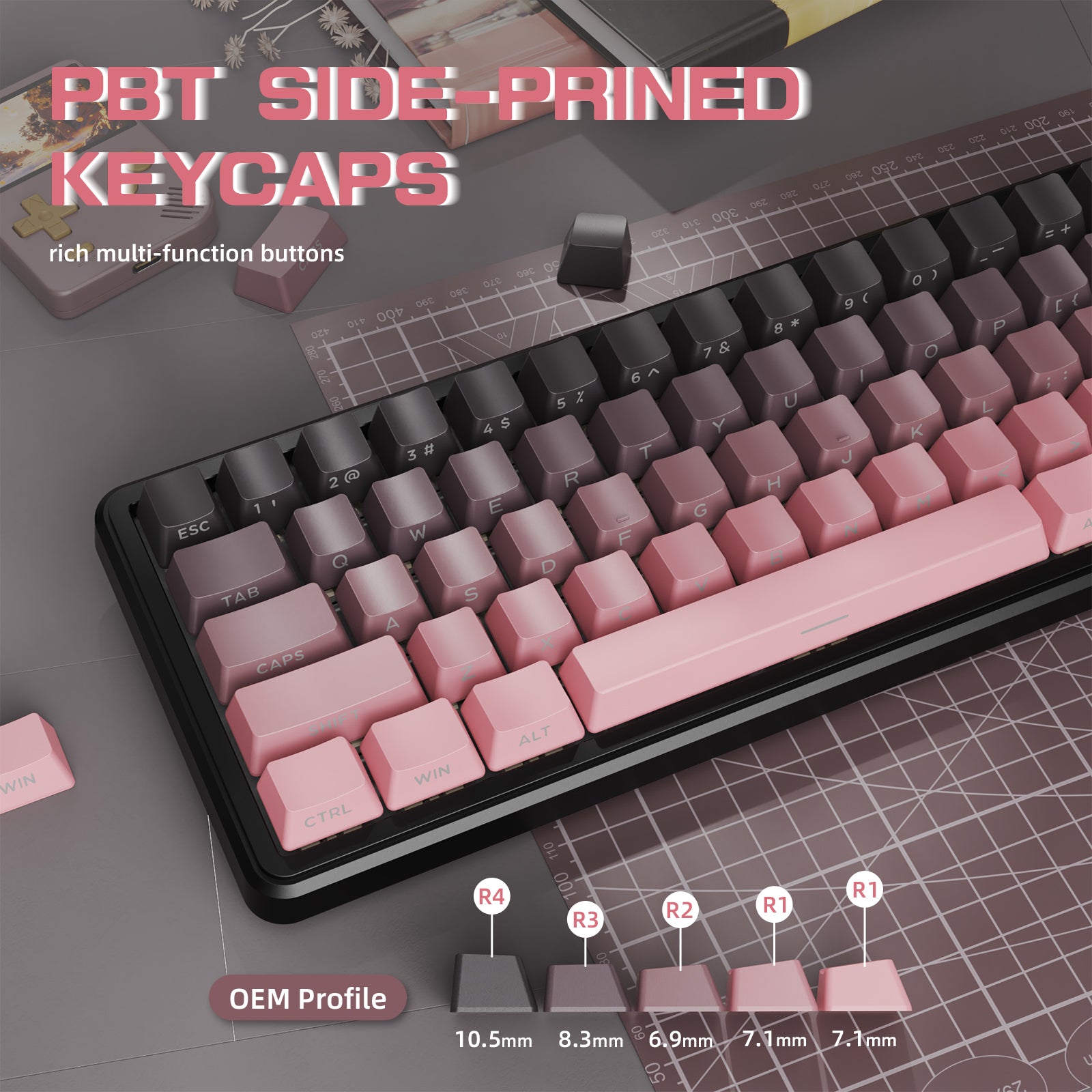 ATTACK SHARK X66 keyboard, PBT side-printed keycaps, gradient pink and black, OEM profile, rich multi-function buttons