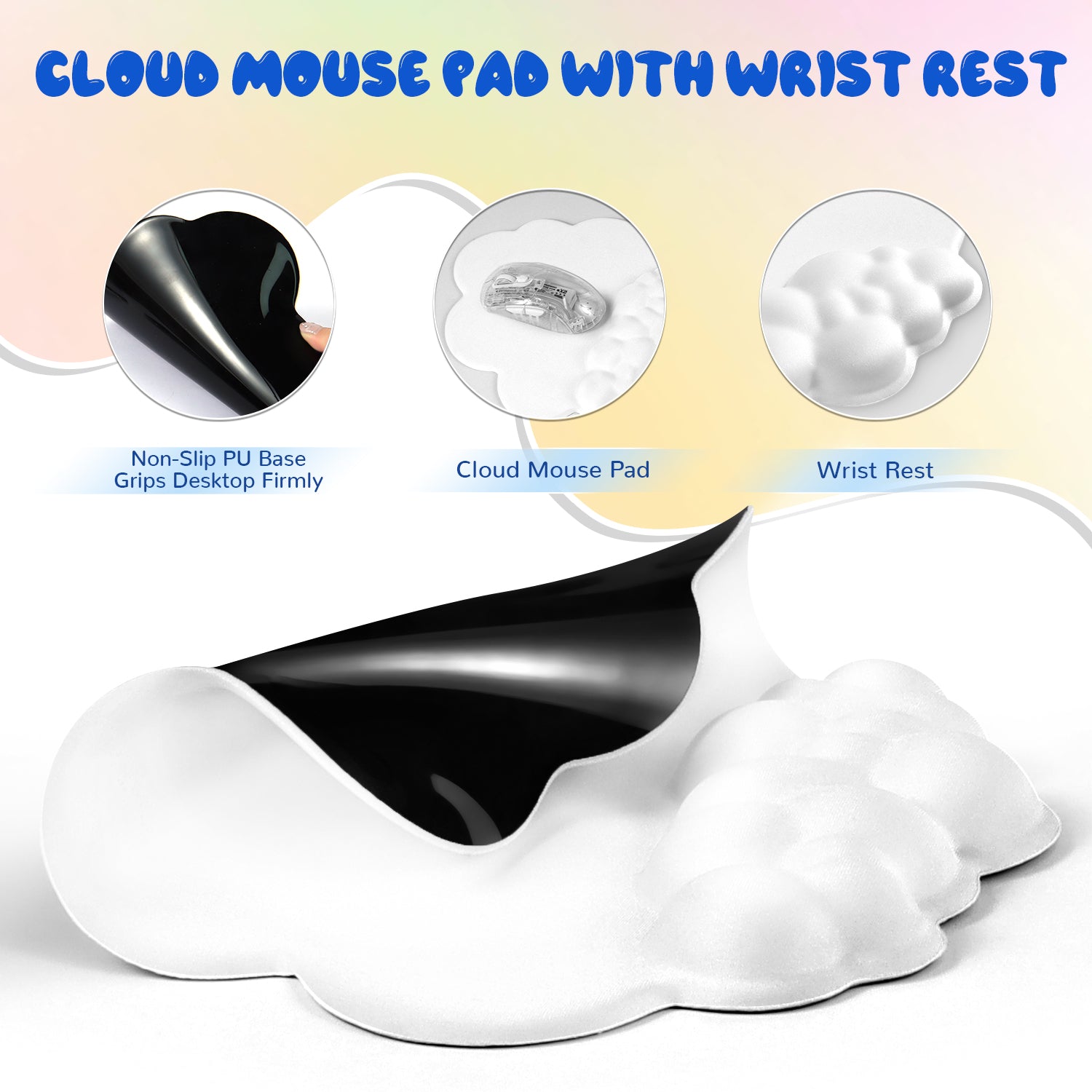 Cloud mouse pad with ergonomic wrist rest and non-slip PU base for stability.
