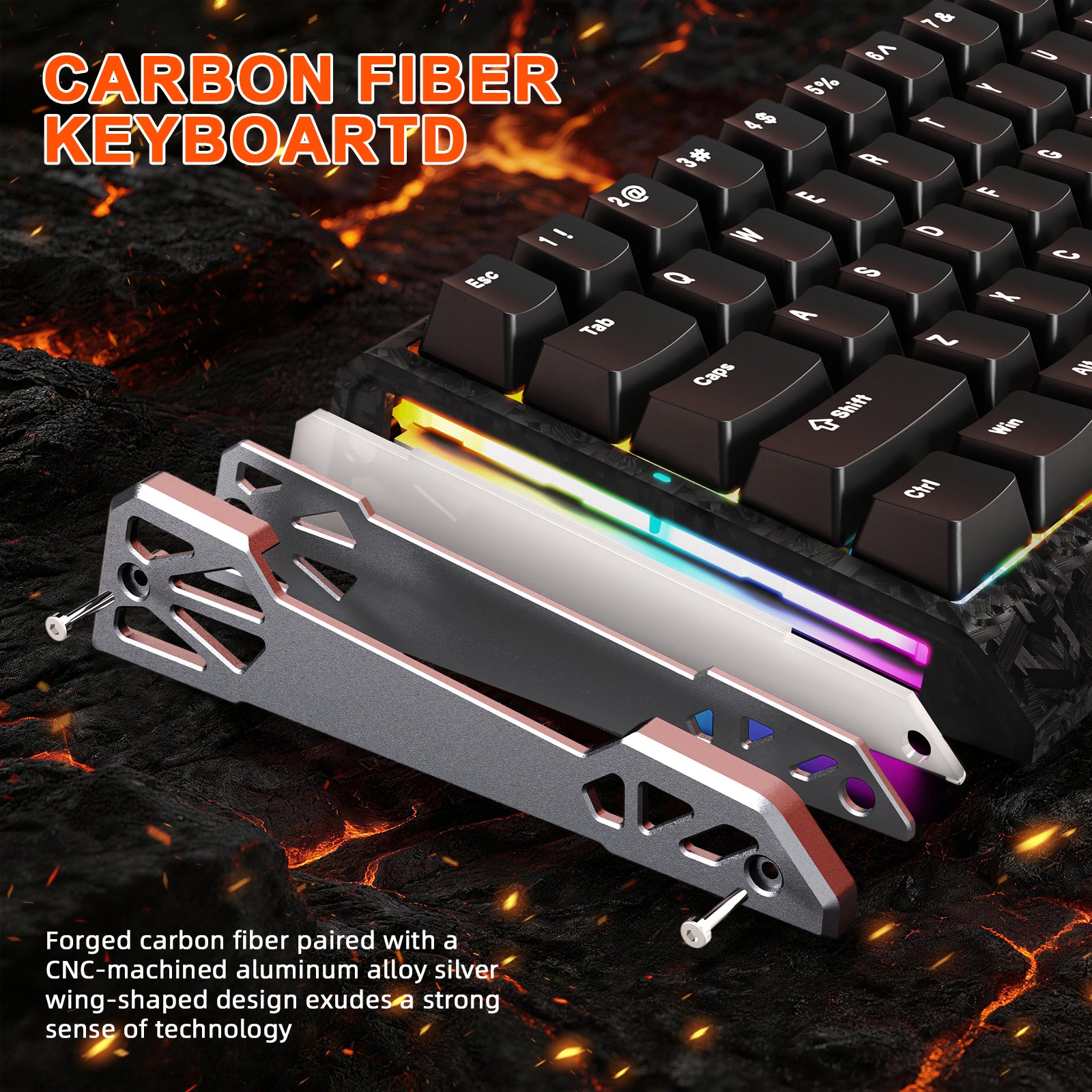 Forged carbon fiber gaming keyboard with CNC aluminum wing-shaped frame and RGB lighting