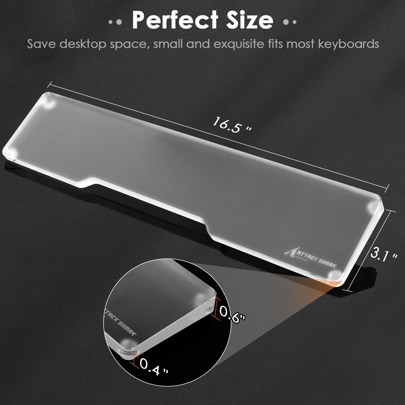 Clear acrylic wrist rest with 'Perfect Size' text and dimensions for keyboard compatibility.