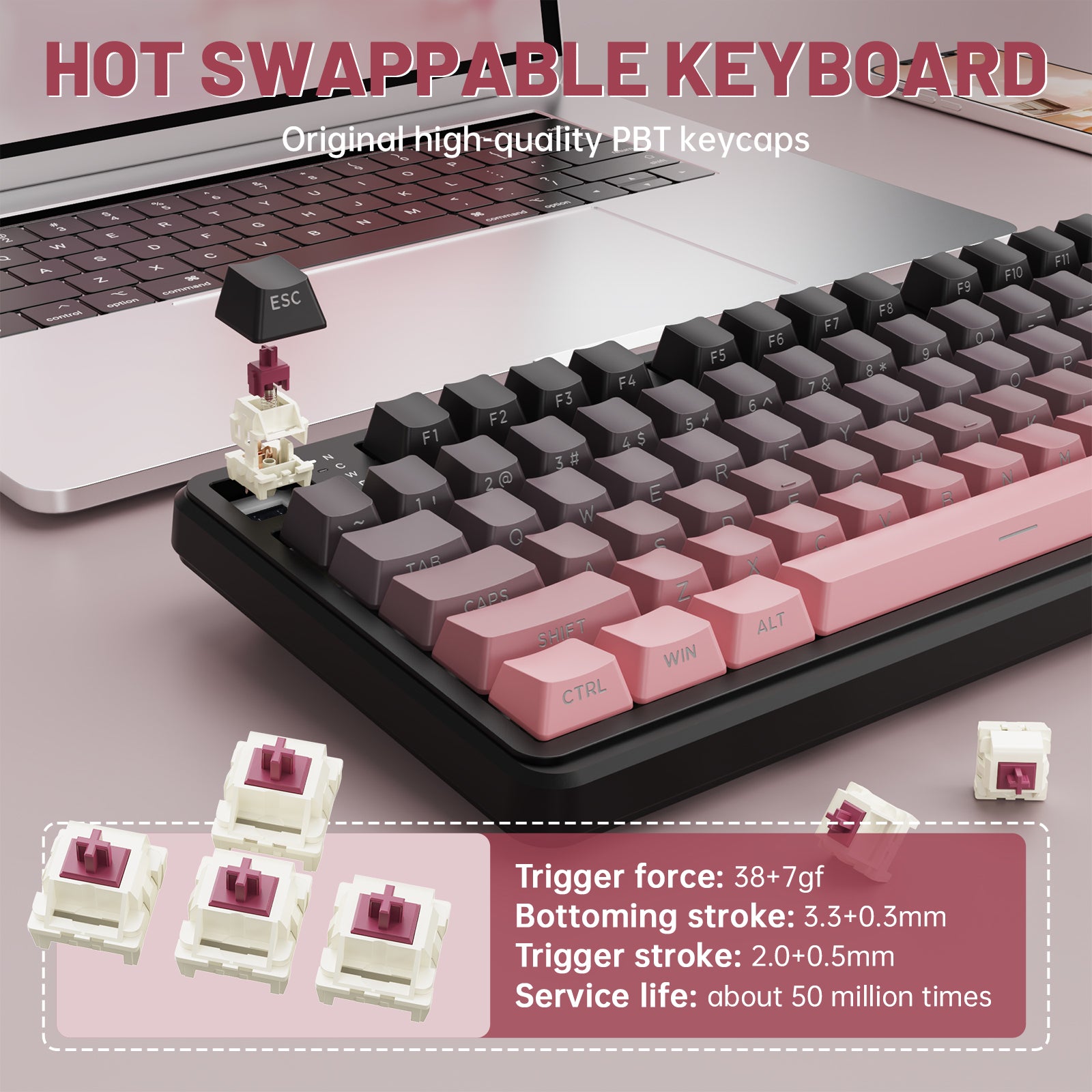 ATTACK SHARK X98PRO hot-swappable keyboard with pink and grey gradient keycaps, Blueberry switches, and PBT keycaps.