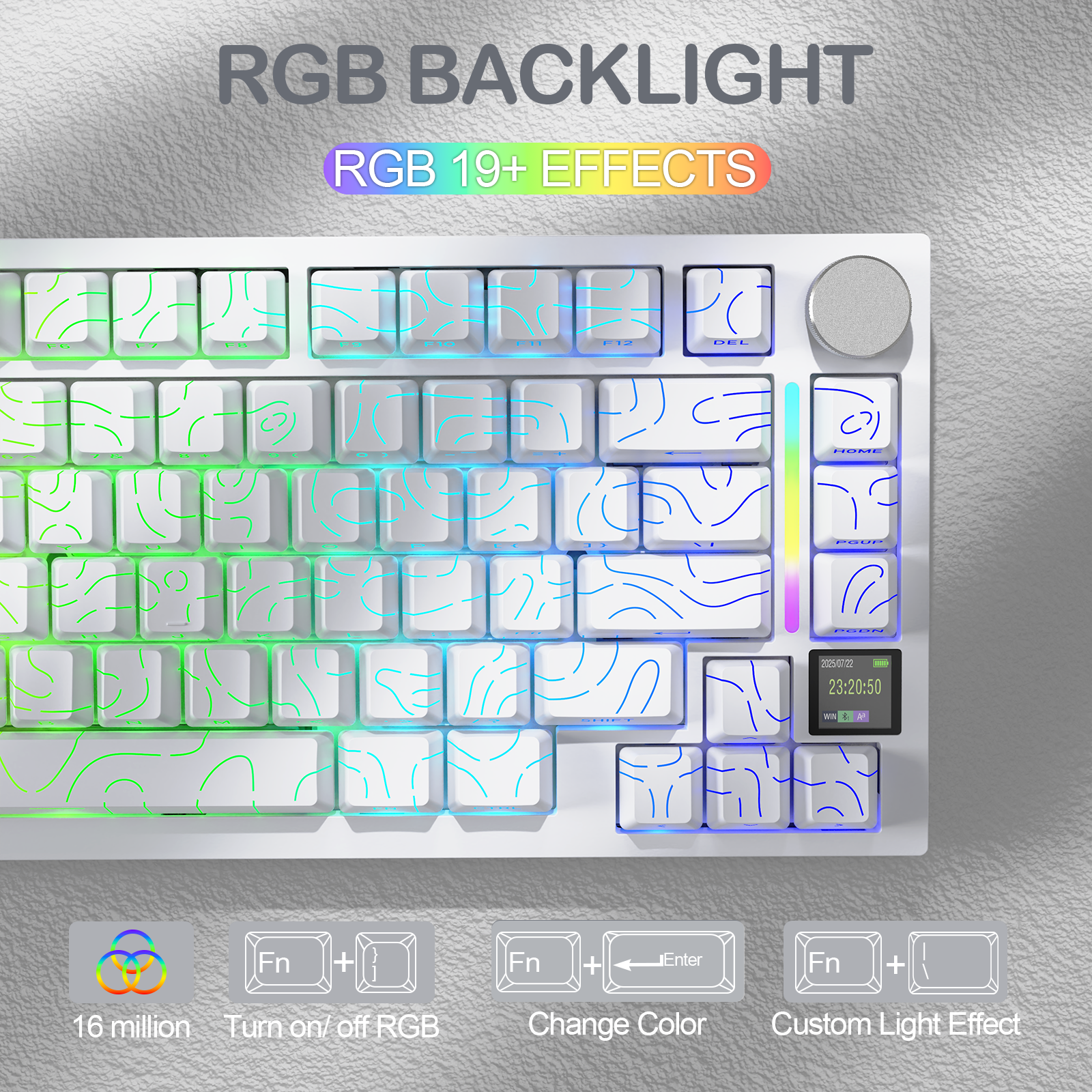White mechanical keyboard with RGB backlight and 19+ effects. Features custom keycaps with blue and green swirl designs.