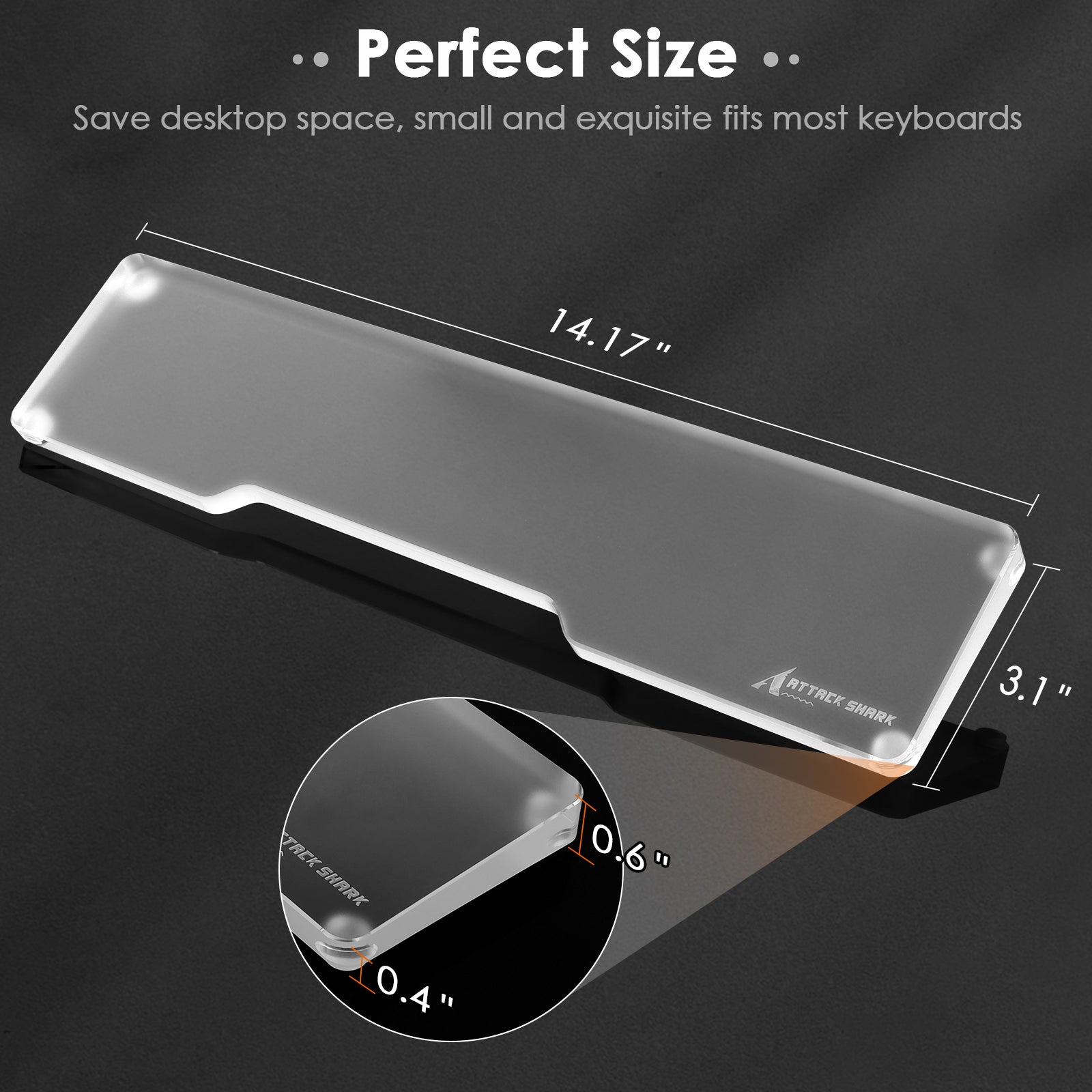 Transparent acrylic wrist rest with 'Perfect Size' text and dimensions, ideal for keyboards.