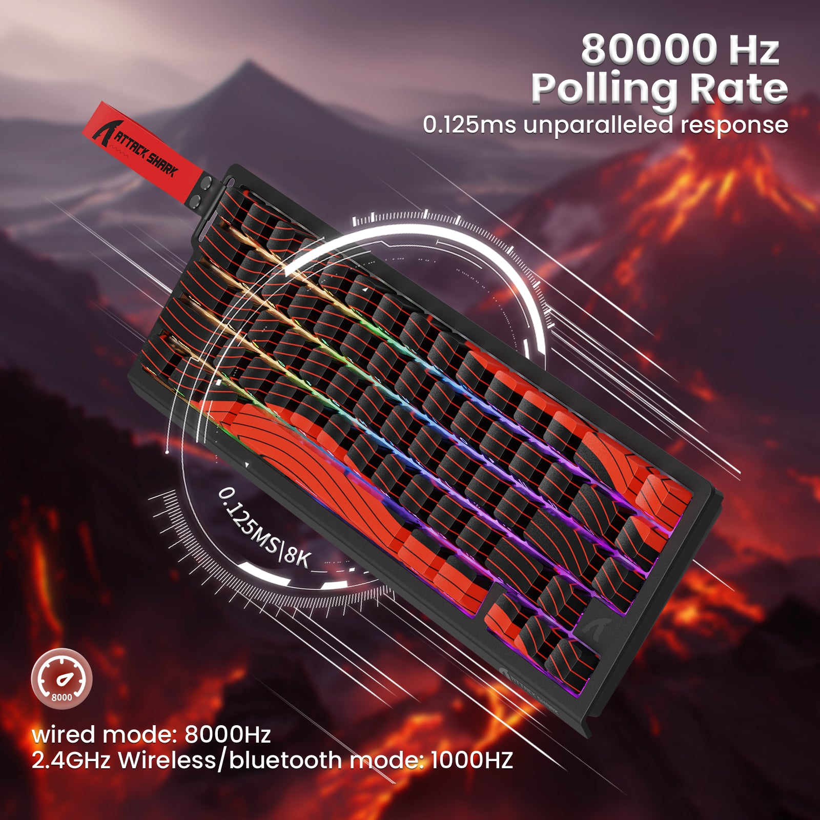 ATTACK SHARK X68PRO HE gaming keyboard, 8000Hz polling rate, 0.125ms response, RGB lighting, and coiled cable.
