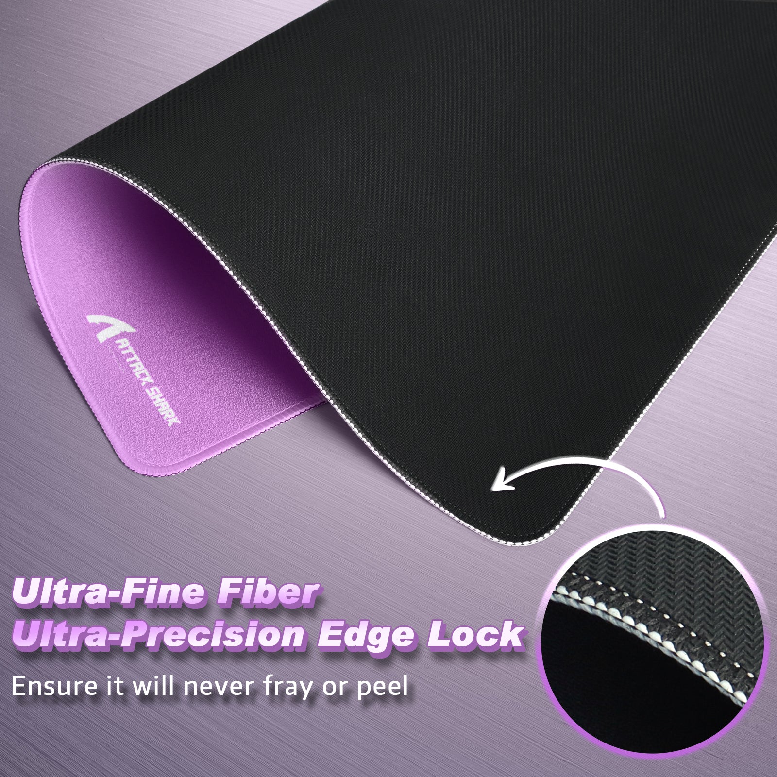Attack Shark CM02 mousepad: Ultra-fine fiber and precision edge lock, with black and lavender design, ensures no fraying.