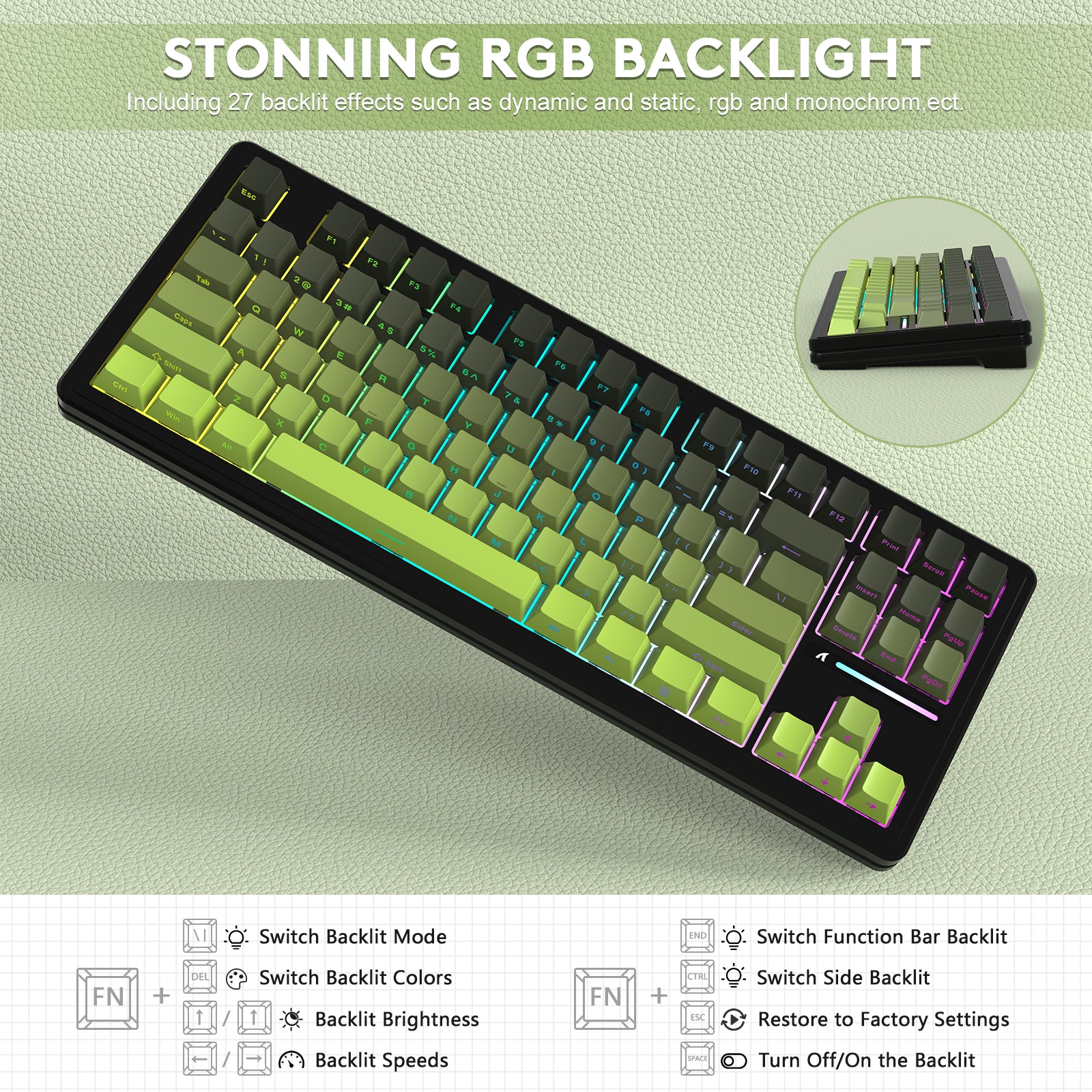 ATTACK SHARK M87PRO mechanical keyboard with stunning RGB backlighting, 27 effects including dynamic and static.