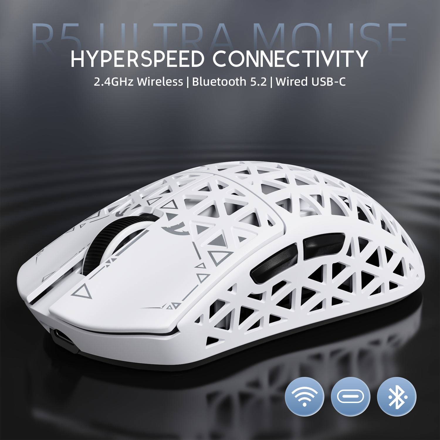 ATTACK SHARK R5 Ultra gaming mouse, white carbon fiber design, 2.4GHz Wireless, Bluetooth, and Wired USB-C connectivity