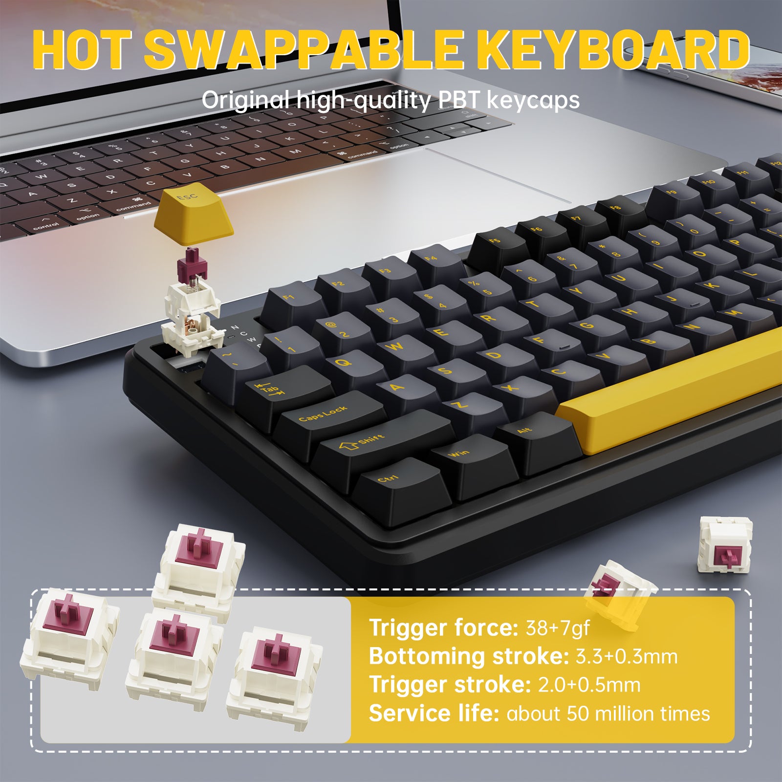 Attack Shark X98PRO hot-swappable mechanical keyboard with PBT keycaps, switch detail.