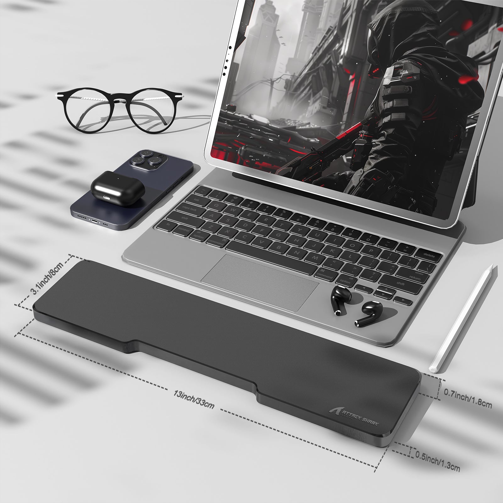 ATTACK SHARK black acrylic wrist rest, 13 inch ergonomic design, keyboard support, dimensions visible, with devices