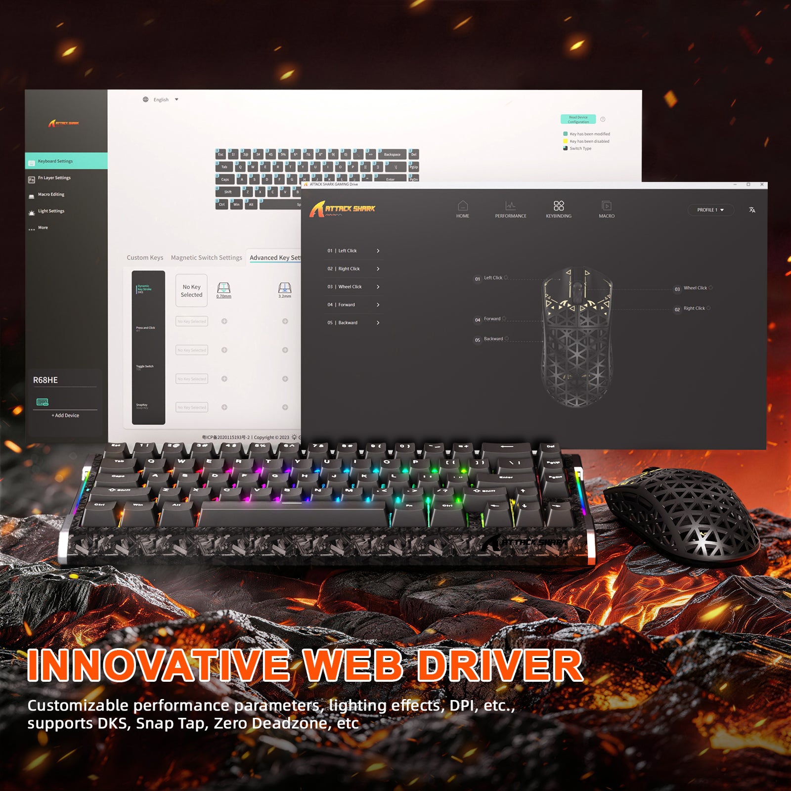 ATTACK SHARK R68HE gaming keyboard and mouse with web driver customization