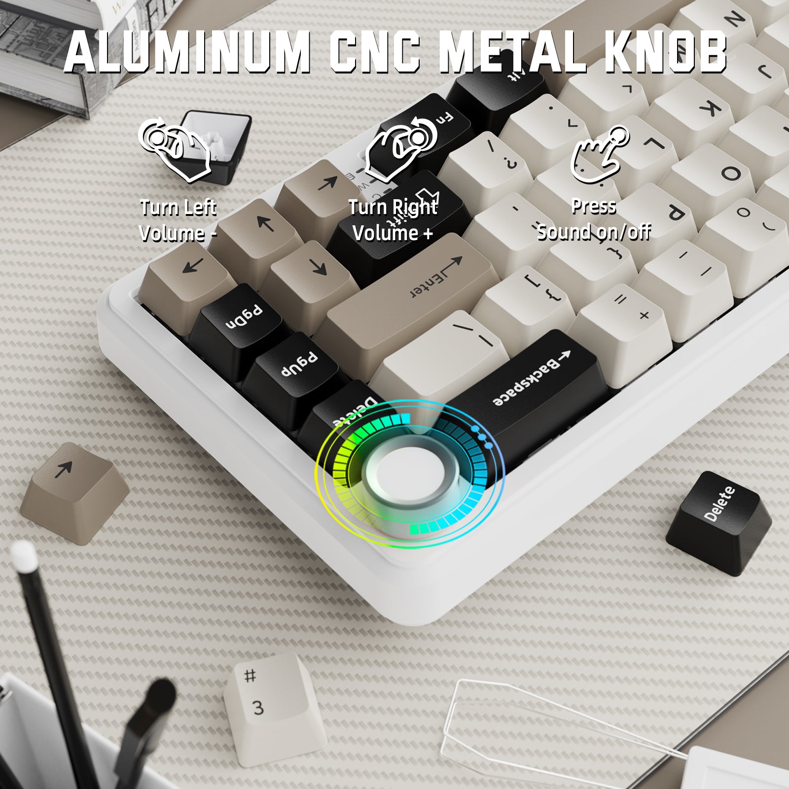 ATTACK SHARK X66 mechanical keyboard with aluminum volume knob, pink and gray keycaps and function control