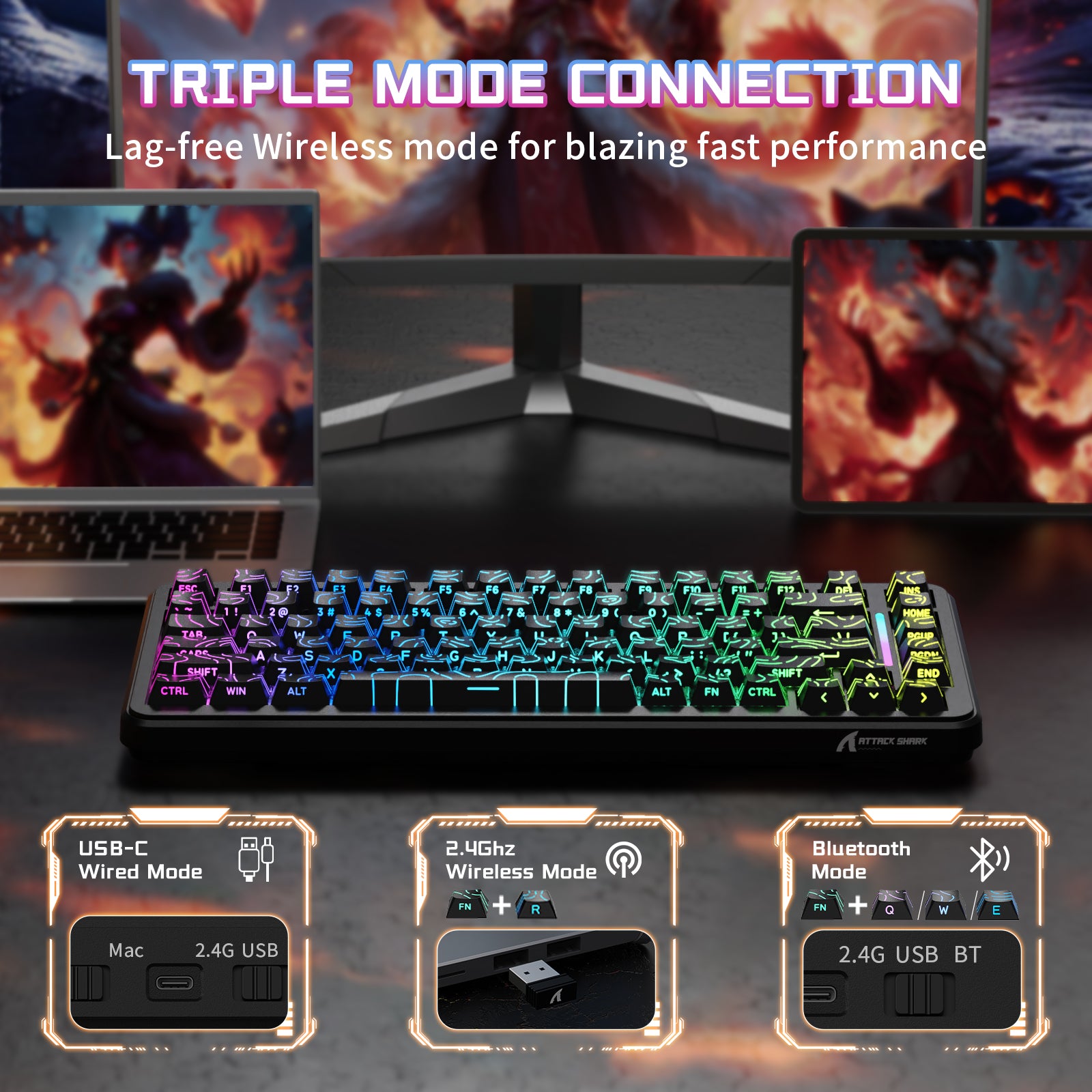 ATTACK SHARK X82PRO HE gaming keyboard featuring triple mode connection with USB-C, 2.4GHz wireless, and Bluetooth.