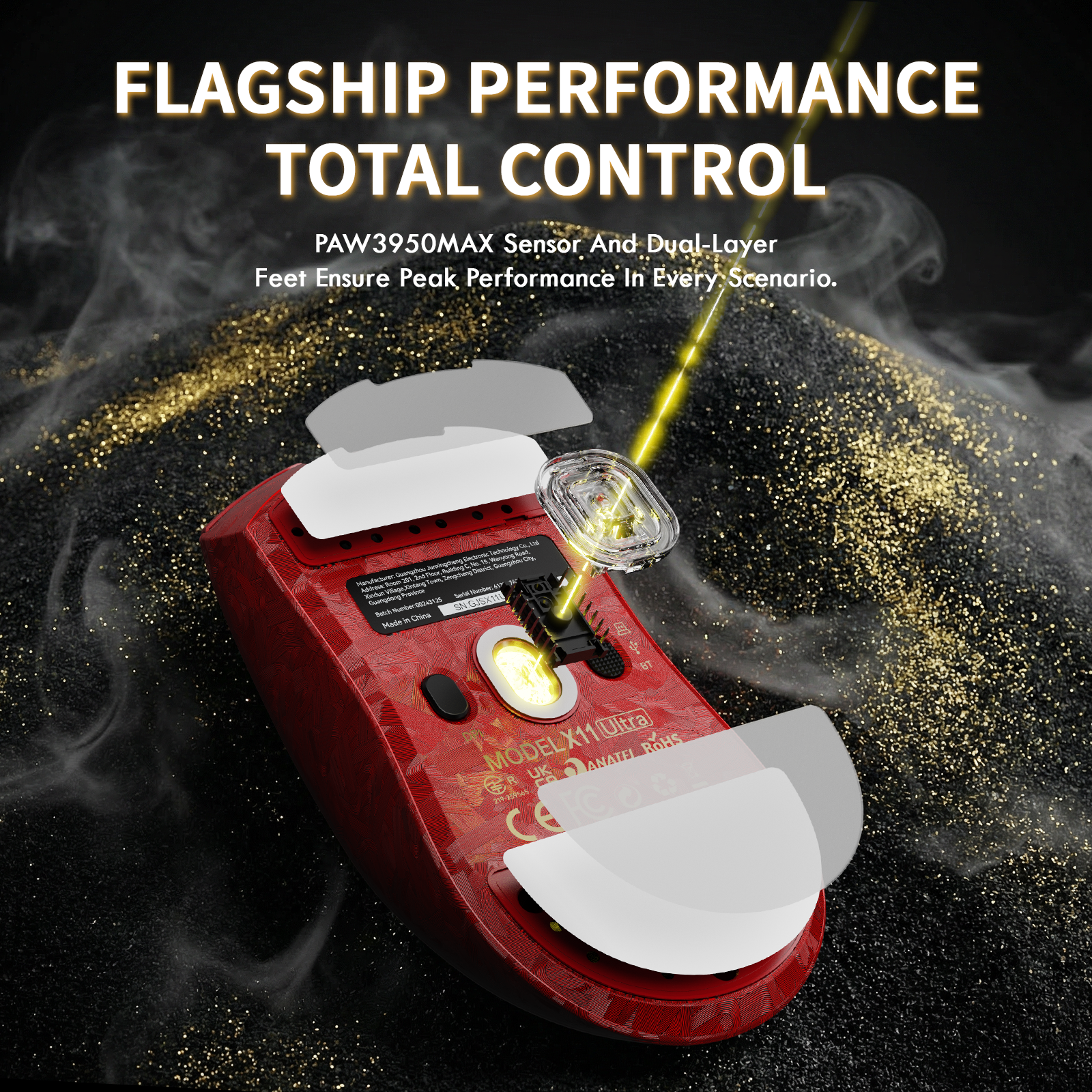 Red ATTACK SHARK X11 Ultra gaming mouse with PAW3950MAX sensor and dual-layer feet