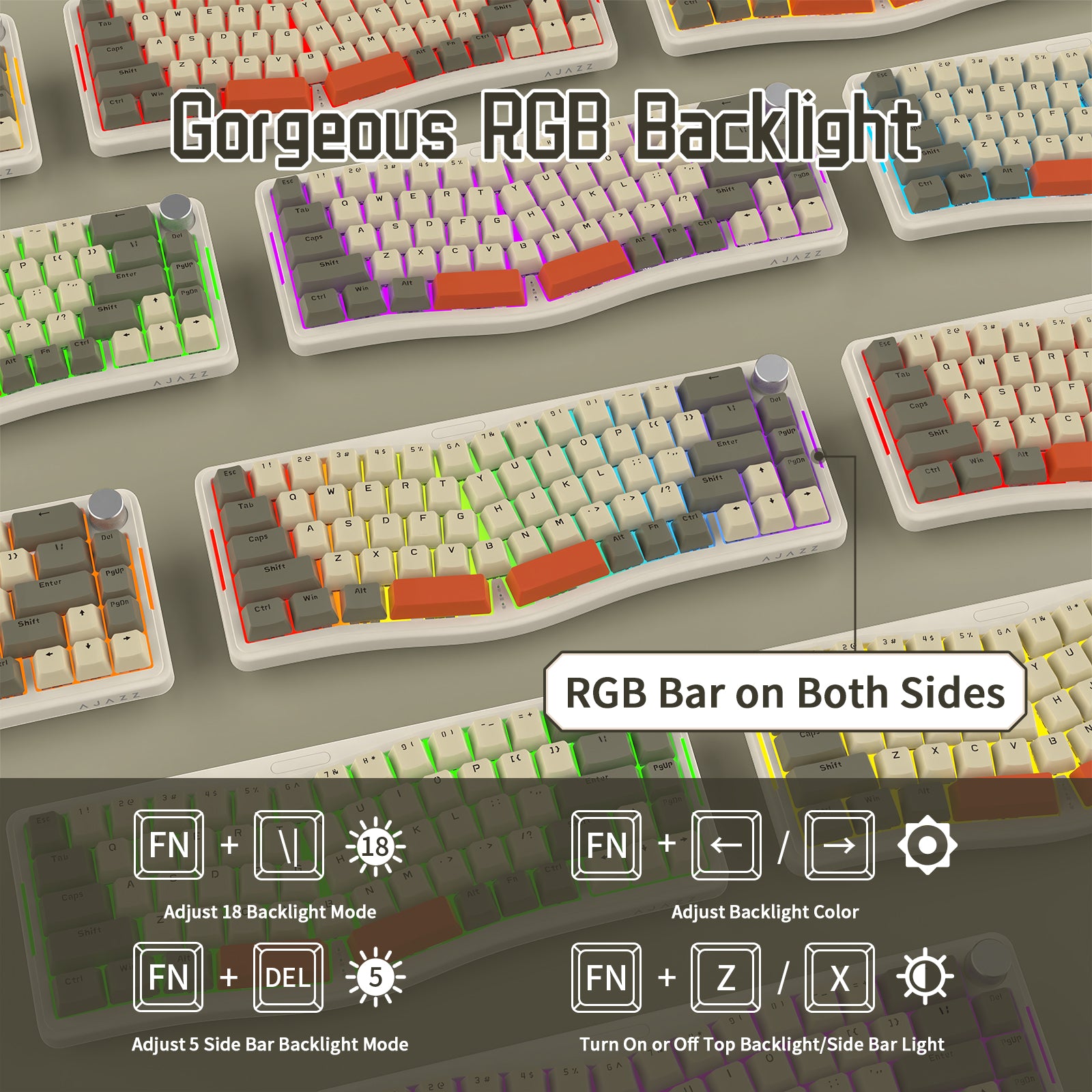 AKS068 Alice Keyboard with RGB backlight modes and side lighting controls.