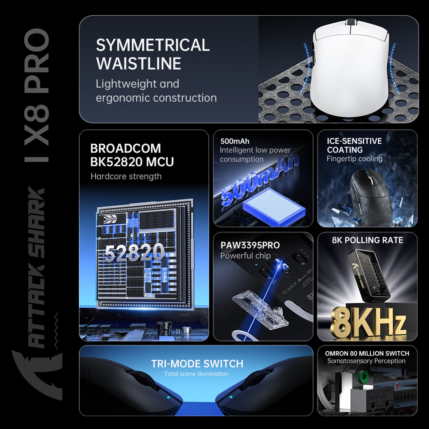 ATTACK SHARK X8PRO Kabellose Tri-Mode-Gaming-Maus, 40.000 DPI, ultraleicht